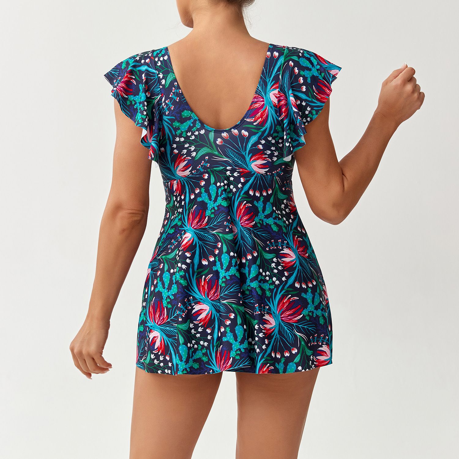 (image for) Women Tankini Swimsuit Ruffle Cap Sleeve V‑Neck Floral Print Two‑Piece Skirted Bathing Suit