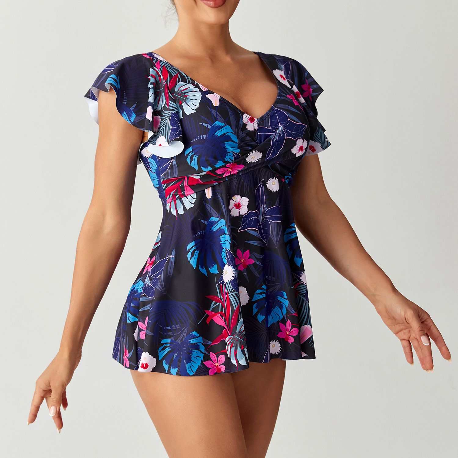 (image for) Women Tankini Swimsuit Ruffle Cap Sleeve V‑Neck Floral Print Two‑Piece Skirted Bathing Suit