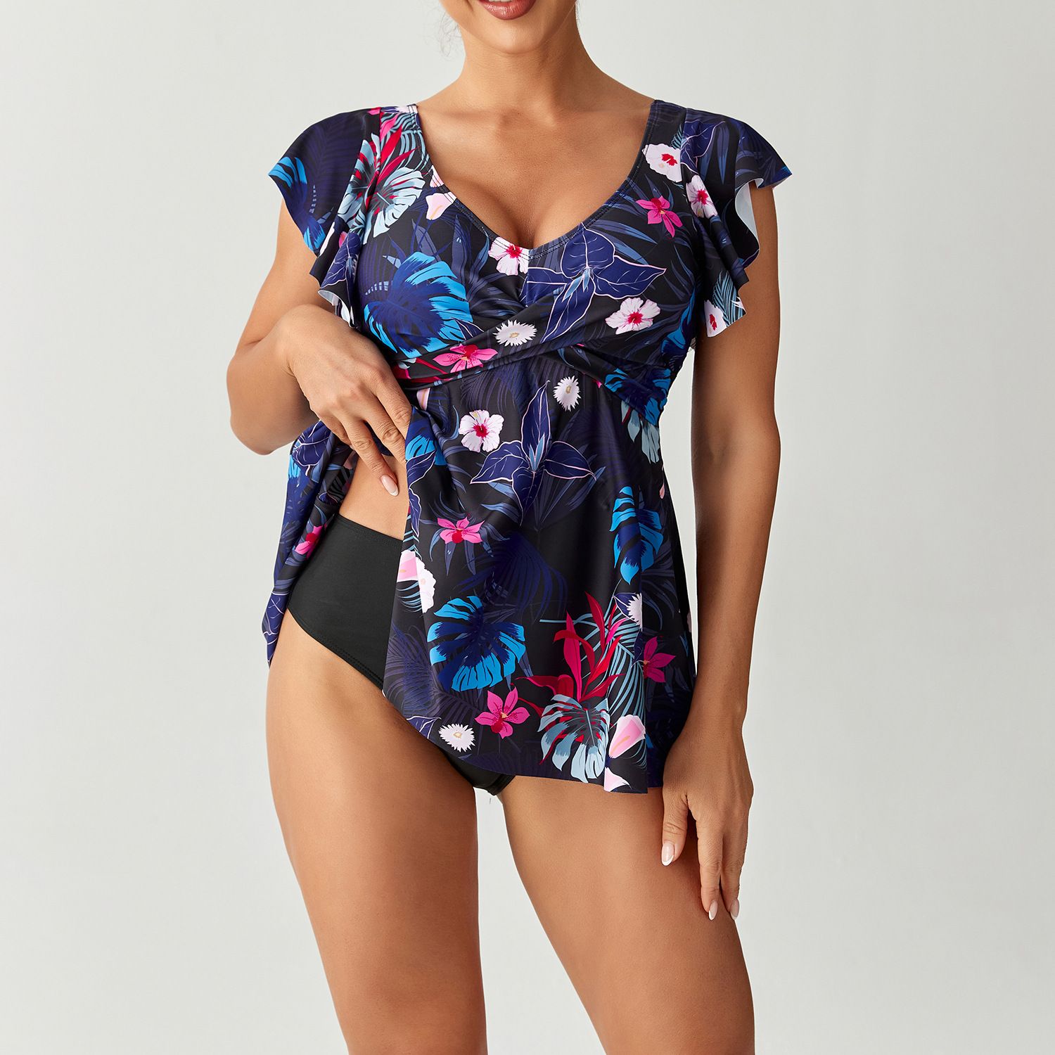 (image for) Women Tankini Swimsuit Ruffle Cap Sleeve V‑Neck Floral Print Two‑Piece Skirted Bathing Suit