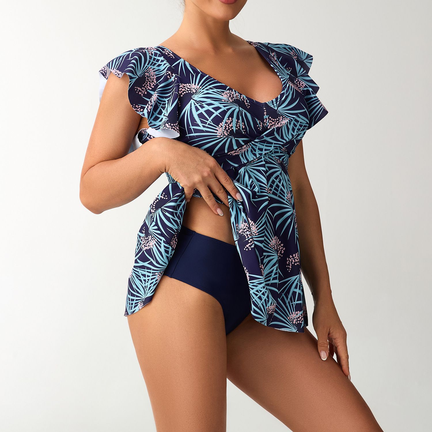 (image for) Women Tankini Swimsuit Ruffle Cap Sleeve V‑Neck Floral Print Two‑Piece Skirted Bathing Suit
