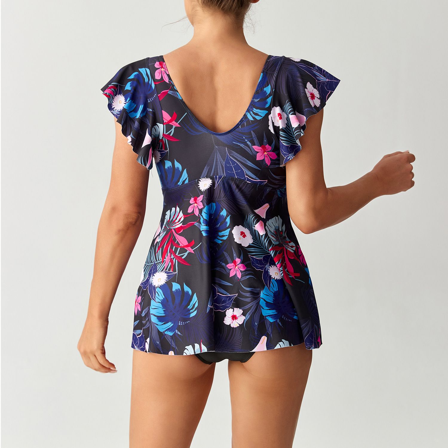 (image for) Women Tankini Swimsuit Ruffle Cap Sleeve V‑Neck Floral Print Two‑Piece Skirted Bathing Suit