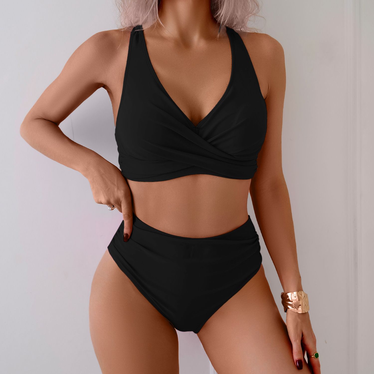 (image for) Women Solid Twist Front Two‑Piece Bikini Set, High Waist Swim Bottom Bathing Suit