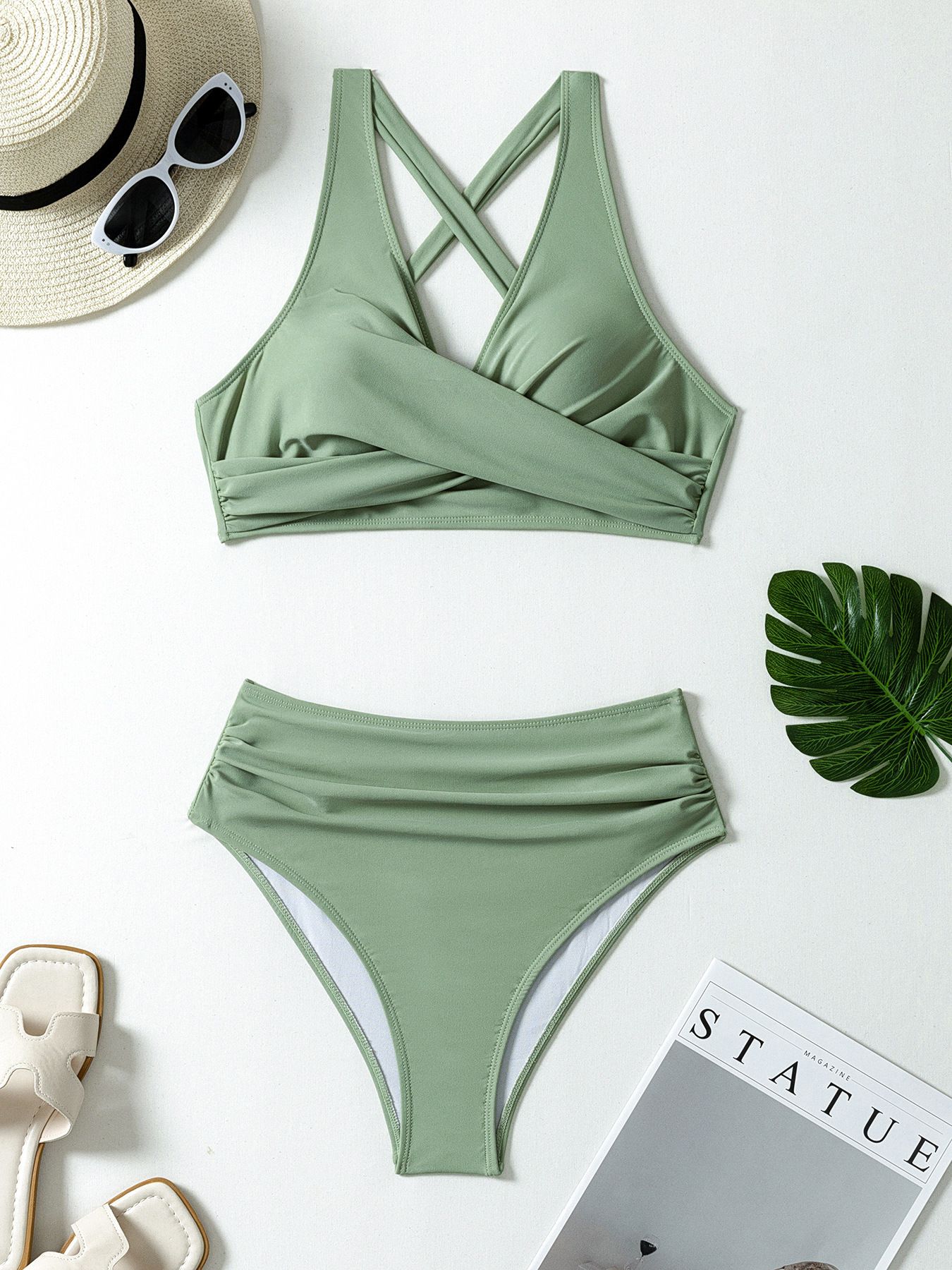(image for) Women Solid Twist Front Two‑Piece Bikini Set, High Waist Swim Bottom Bathing Suit