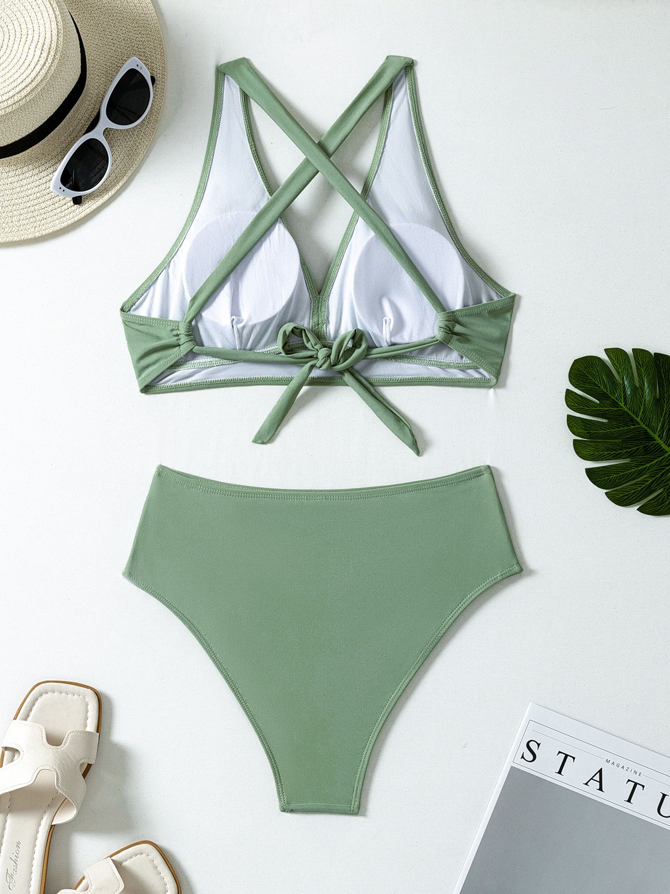 (image for) Women Solid Twist Front Two‑Piece Bikini Set, High Waist Swim Bottom Bathing Suit