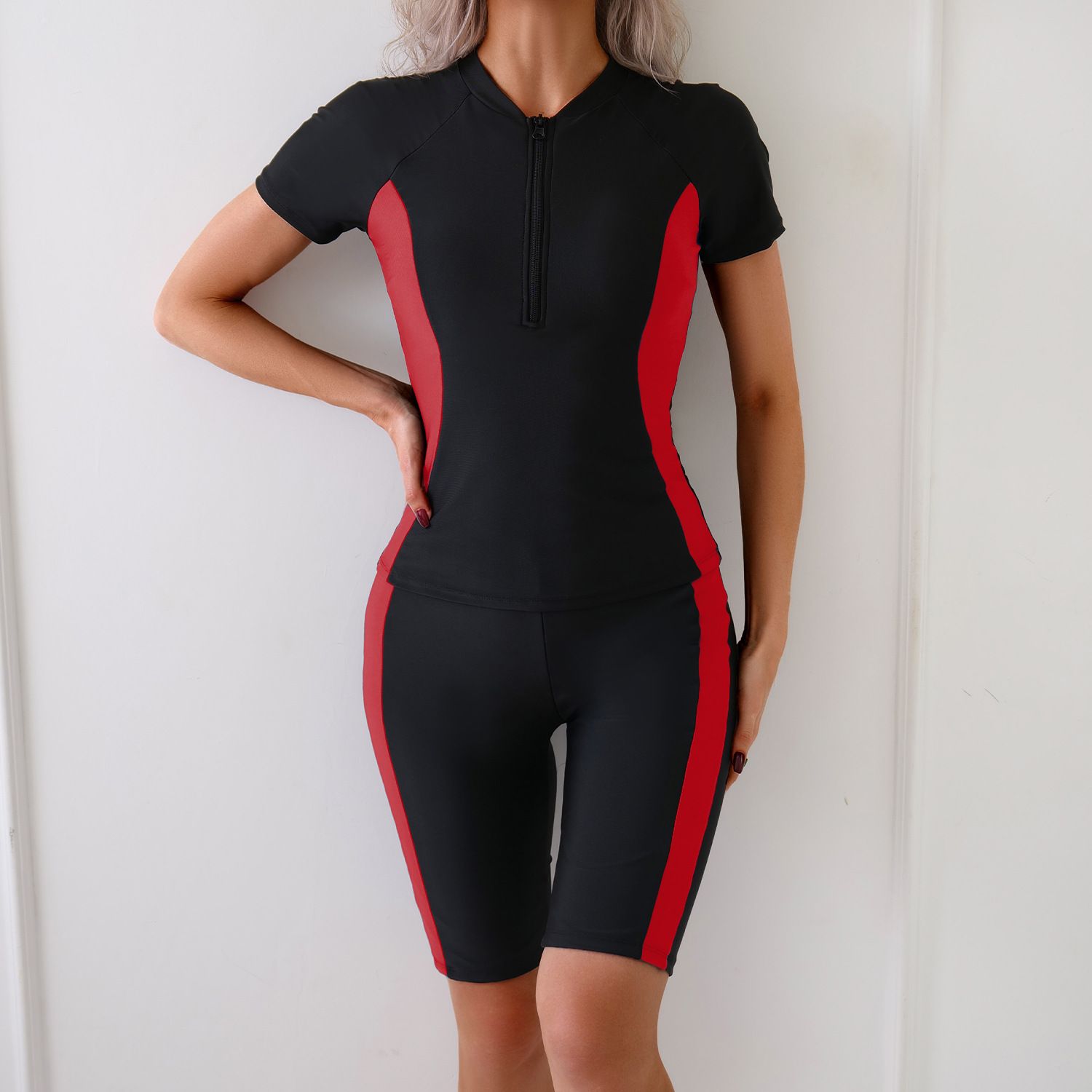 (image for) New Women Short Sleeve Split Sports Swimsuit Ladies Surfing Suit Set