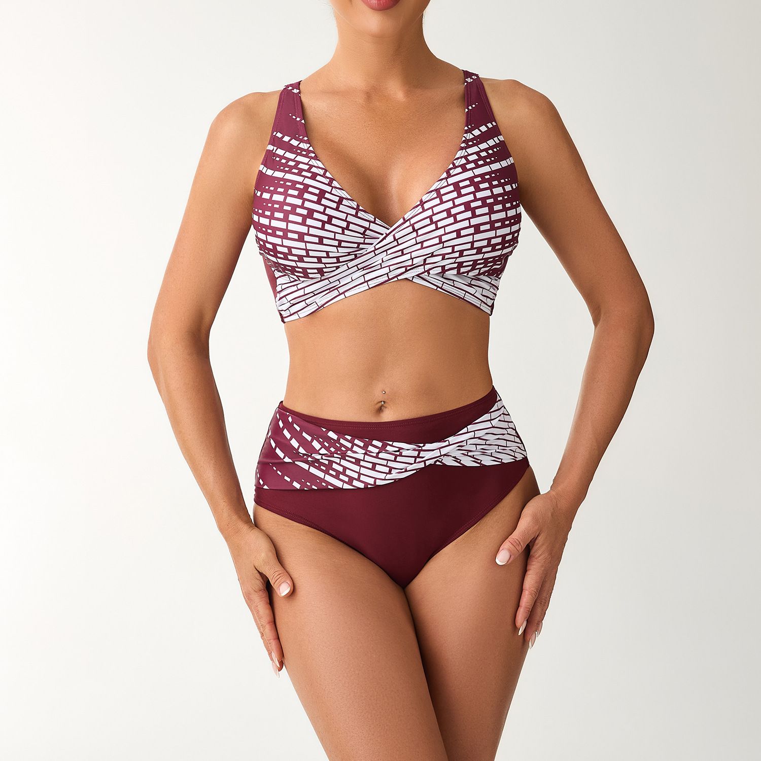 New Printed Cross Wrap Bikini Set High Waist Two‑Piece Women Swimsuit (image for) New Printed Cross Wrap Bikini Set High Waist Two‑Piece Women Swimsuit