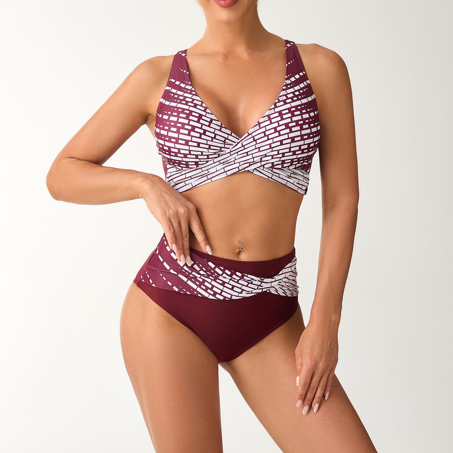 (image for) New Printed Cross Wrap Bikini Set High Waist Two‑Piece Women Swimsuit