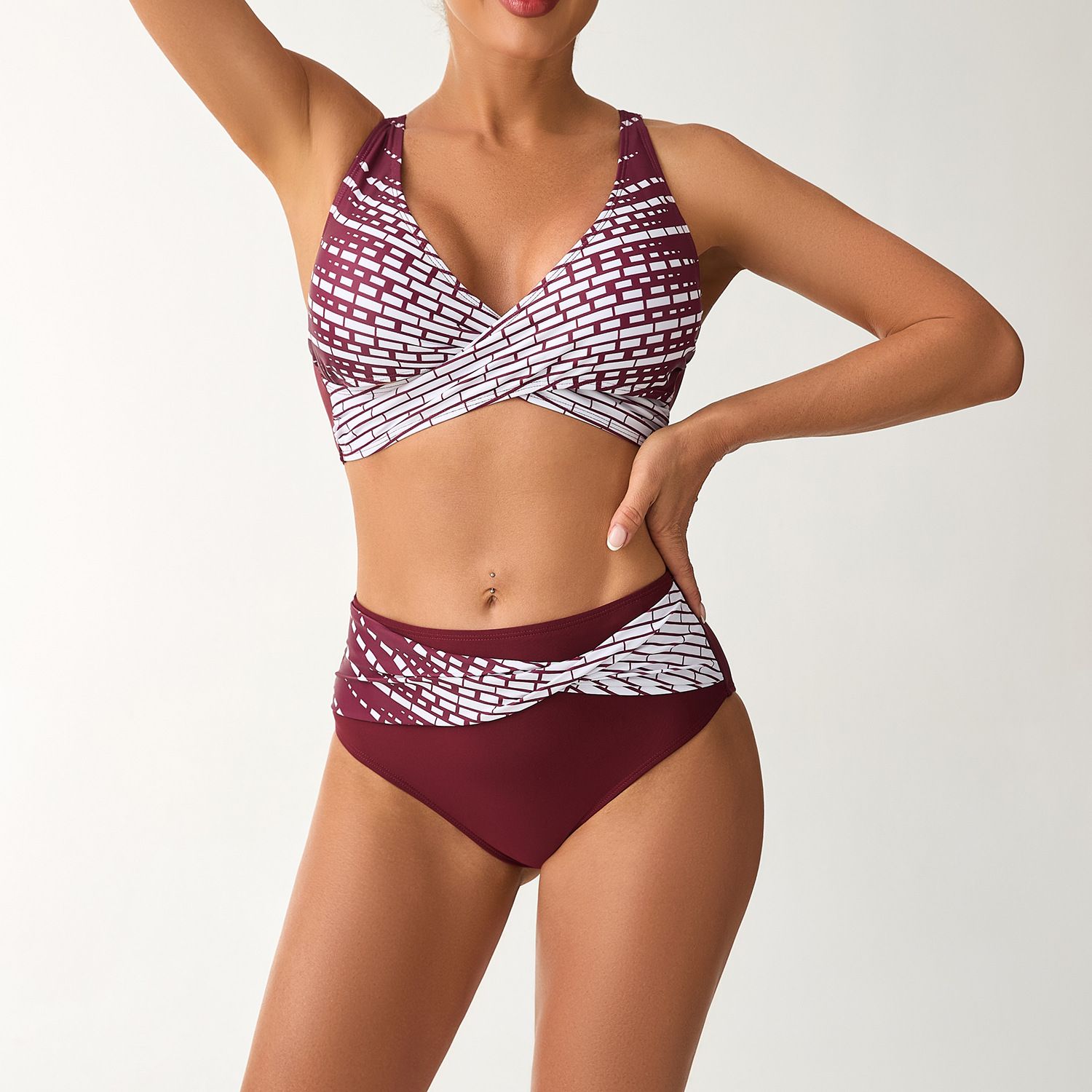 (image for) New Printed Cross Wrap Bikini Set High Waist Two‑Piece Women Swimsuit