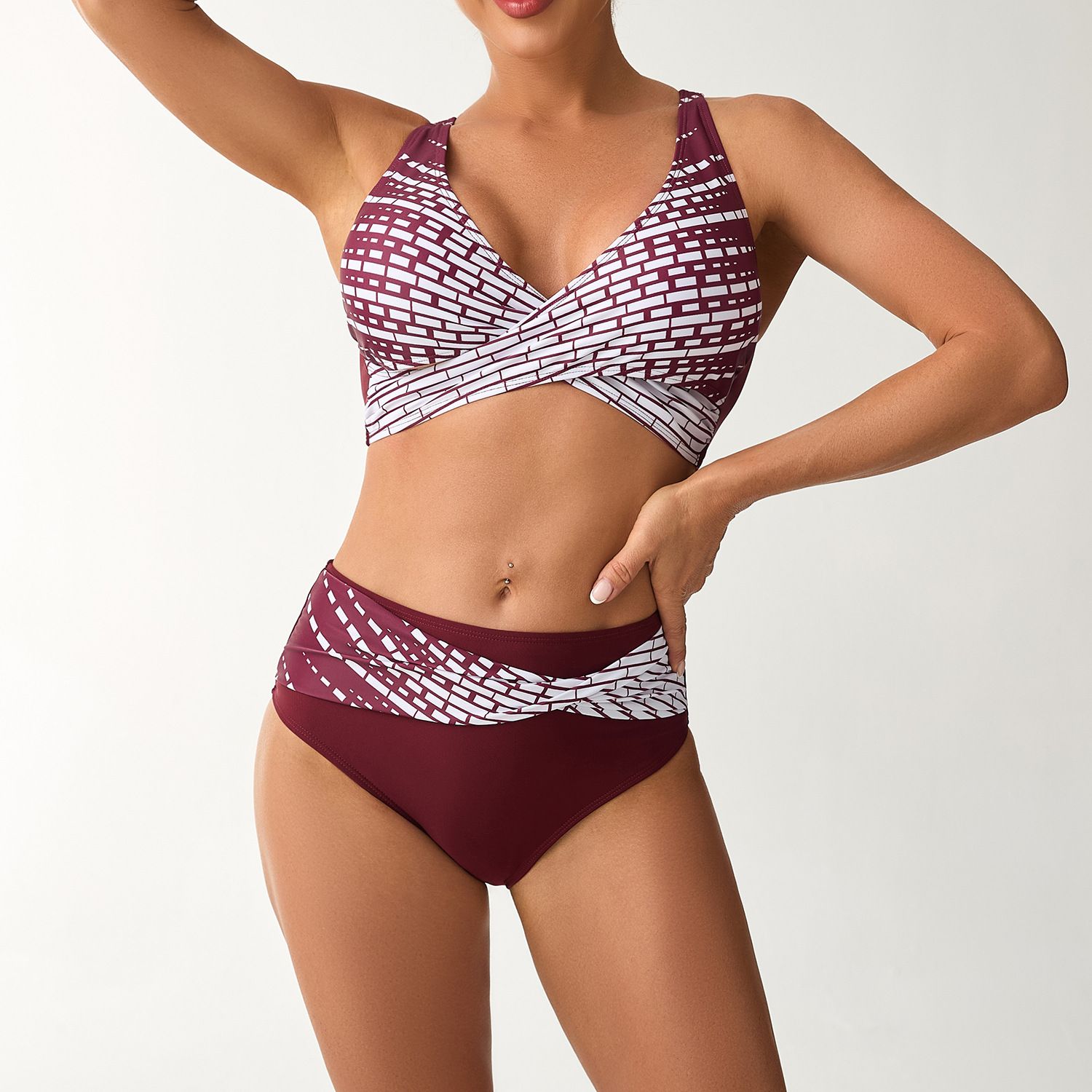 (image for) New Printed Cross Wrap Bikini Set High Waist Two‑Piece Women Swimsuit