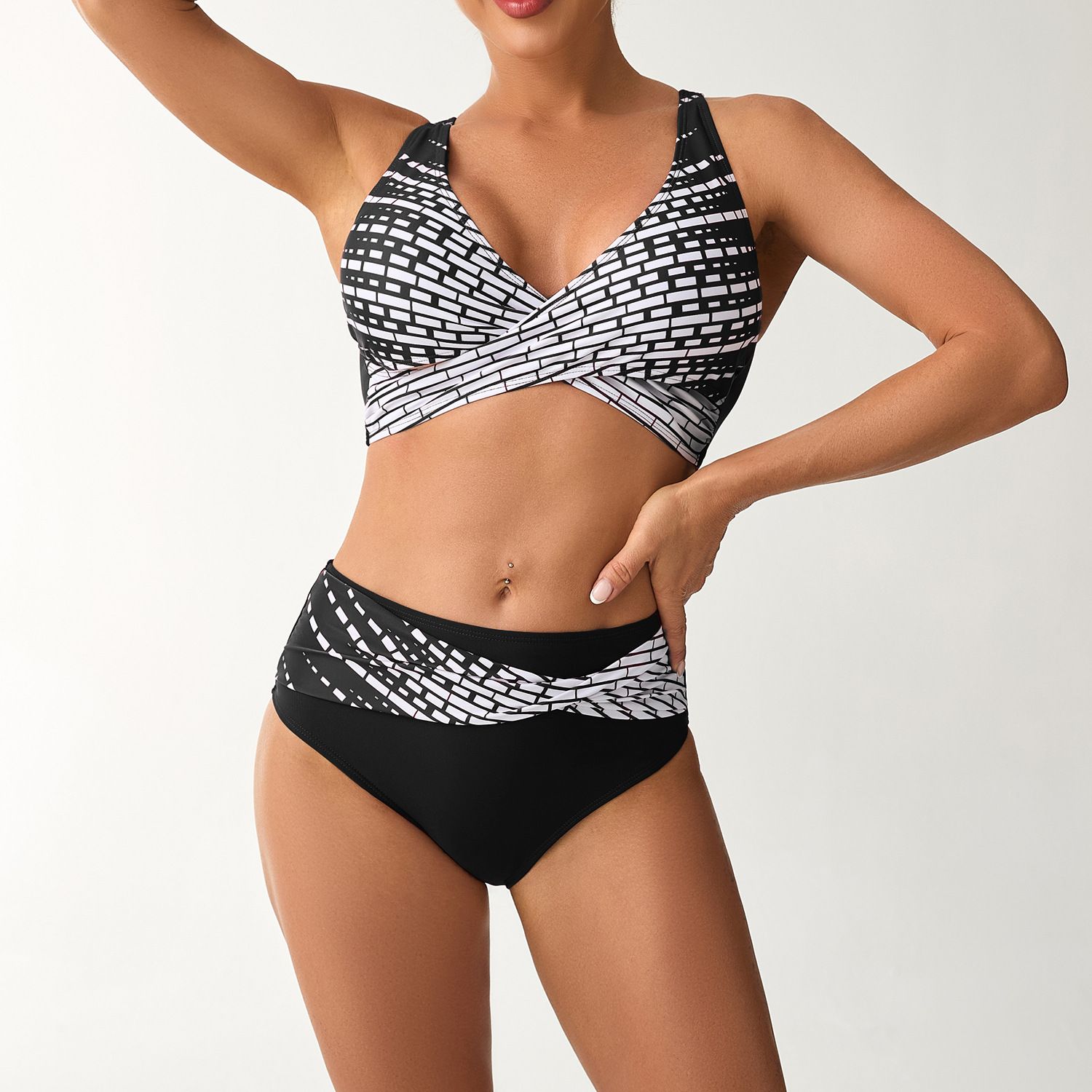 (image for) New Printed Cross Wrap Bikini Set High Waist Two‑Piece Women Swimsuit