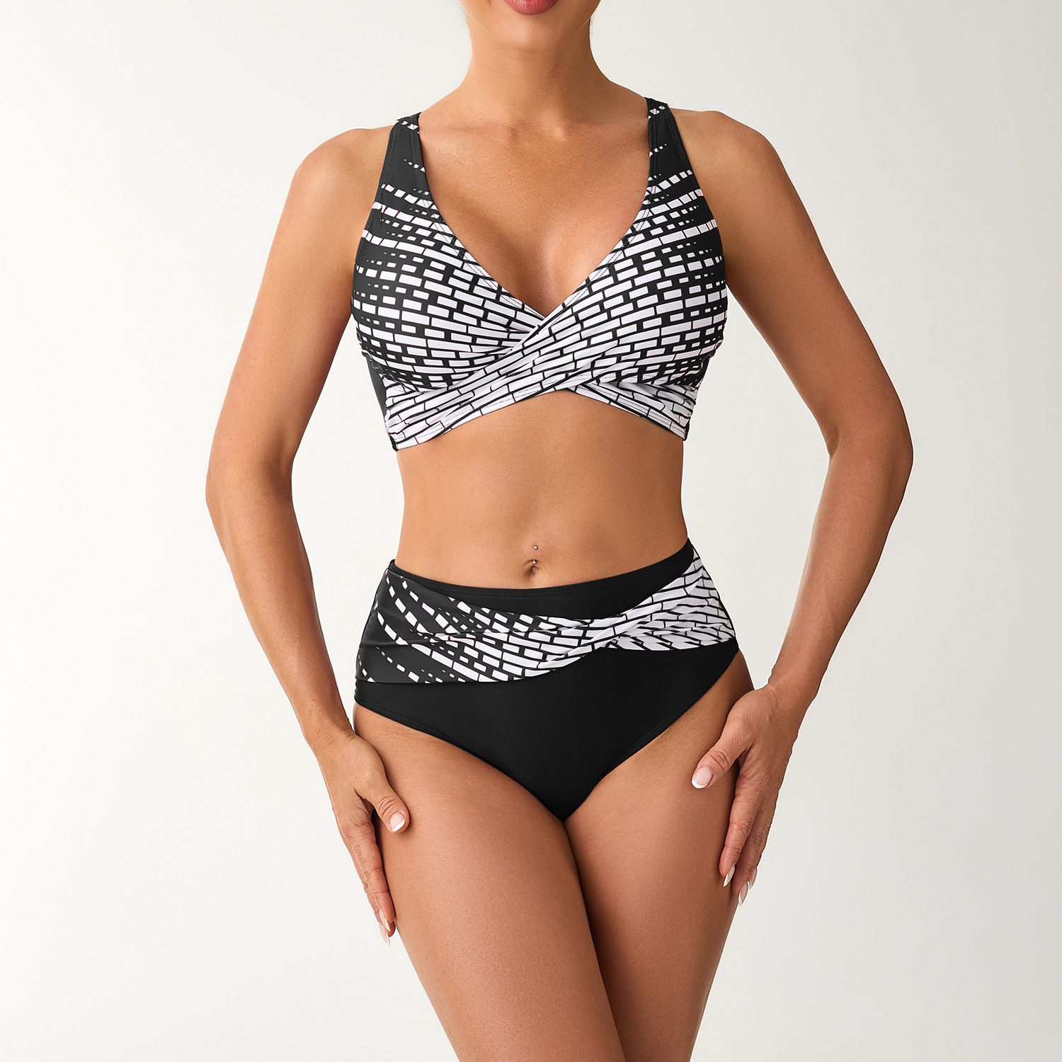 (image for) New Printed Cross Wrap Bikini Set High Waist Two‑Piece Women Swimsuit