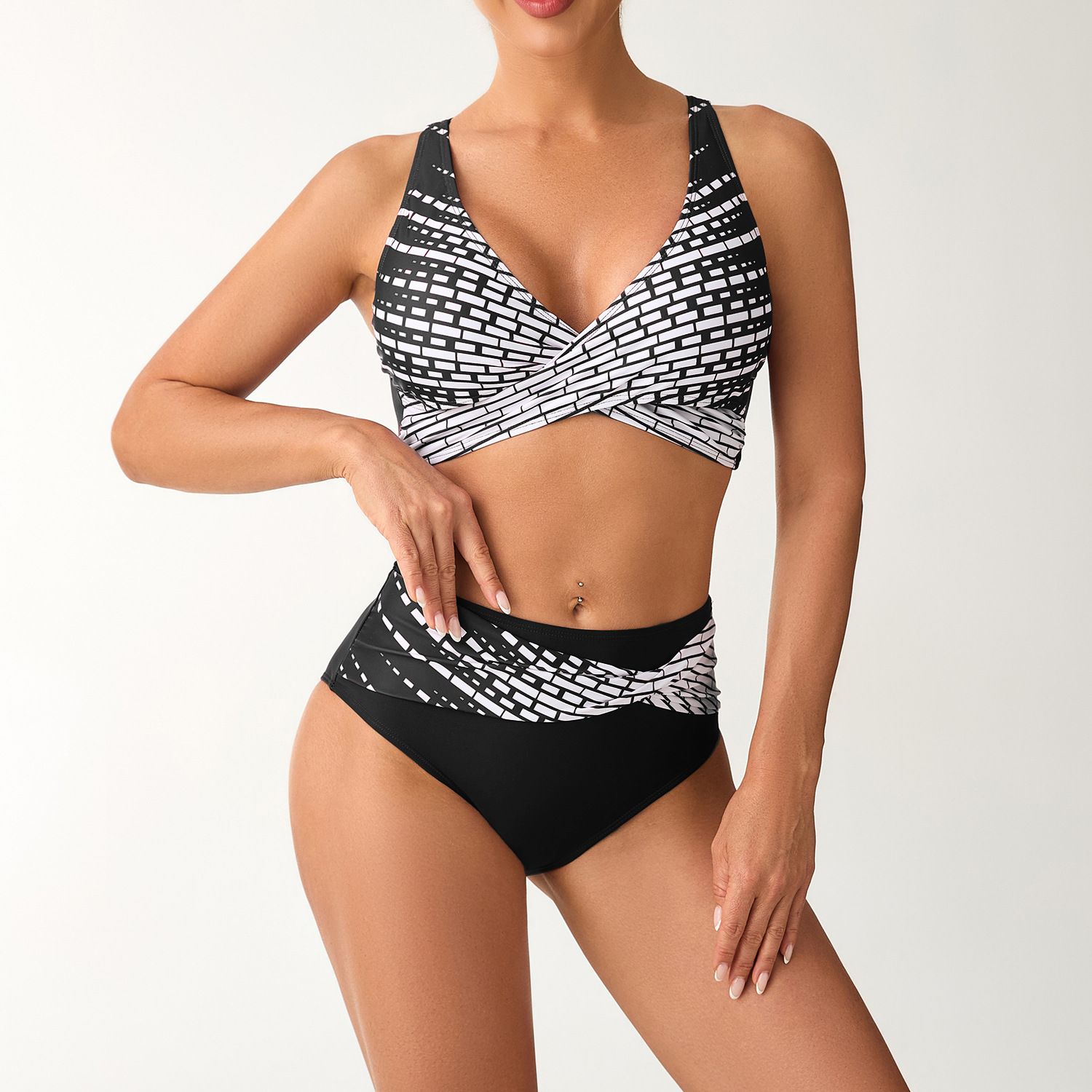 (image for) New Printed Cross Wrap Bikini Set High Waist Two‑Piece Women Swimsuit