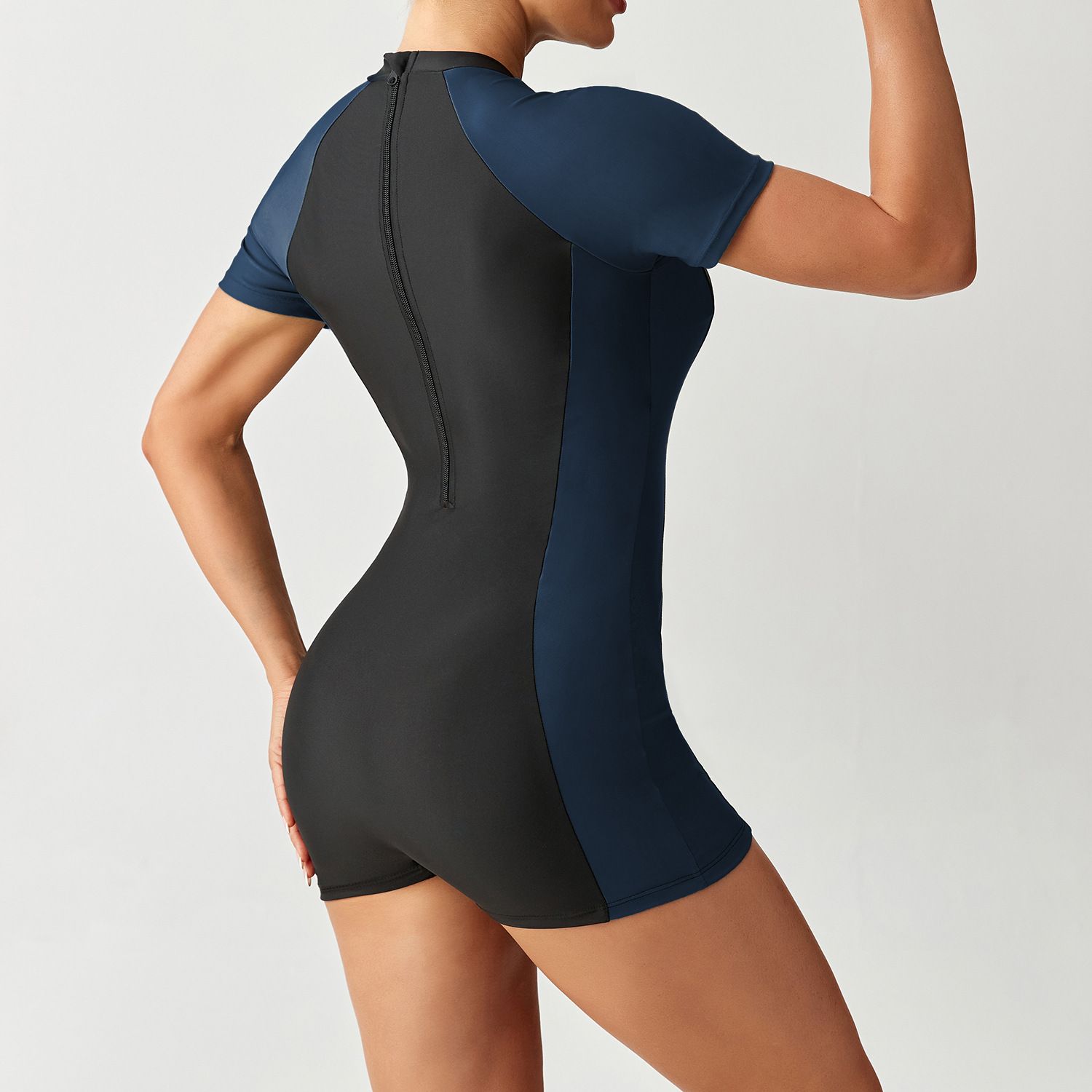 (image for) Short‑Sleeve Contrast Splice Rash Guard Boy‑Short Swimsuit