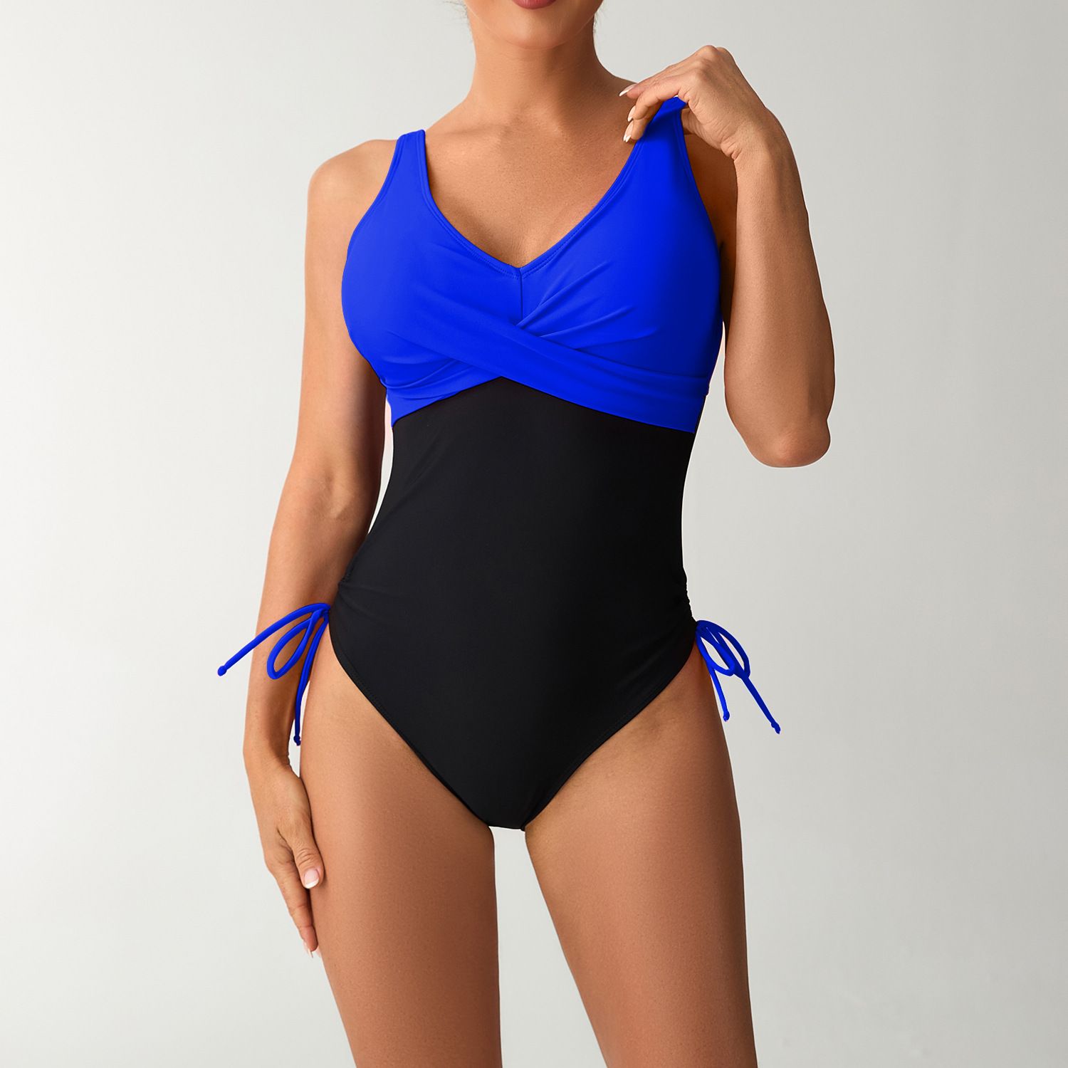 (image for) Women Color‑Block One‑Piece Swimsuit Cross V‑Neck Sleeveless Swimwear