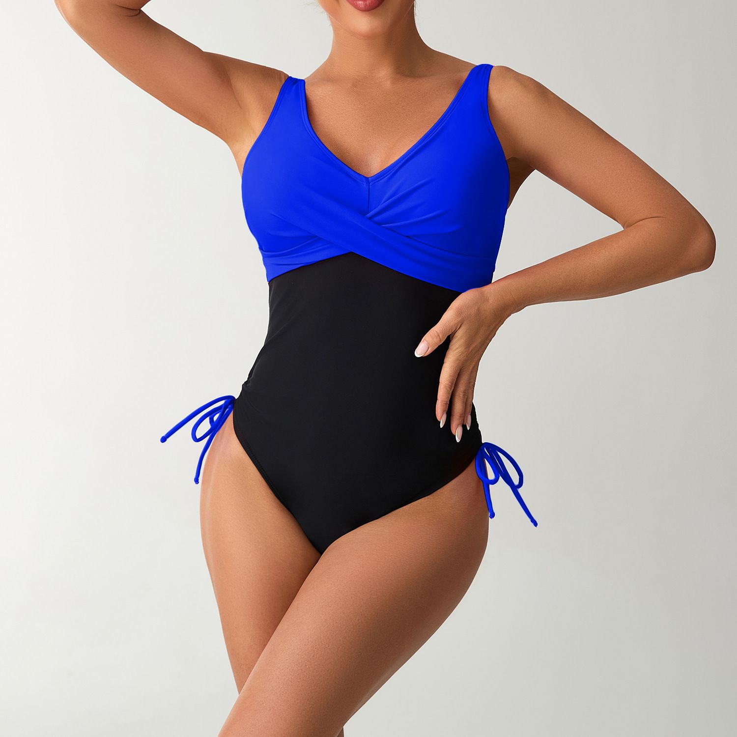 (image for) Women Color‑Block One‑Piece Swimsuit Cross V‑Neck Sleeveless Swimwear