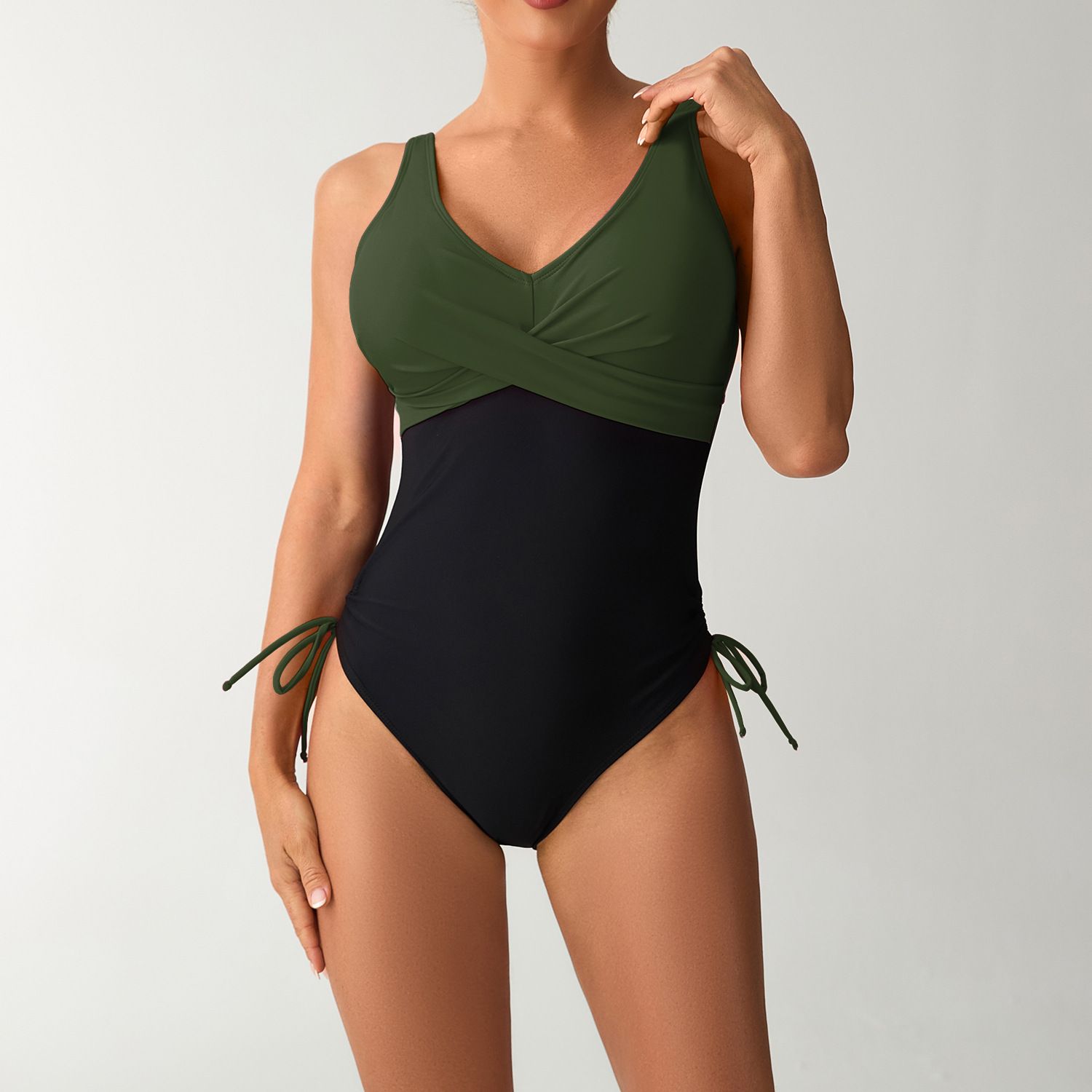 (image for) Women Color‑Block One‑Piece Swimsuit Cross V‑Neck Sleeveless Swimwear