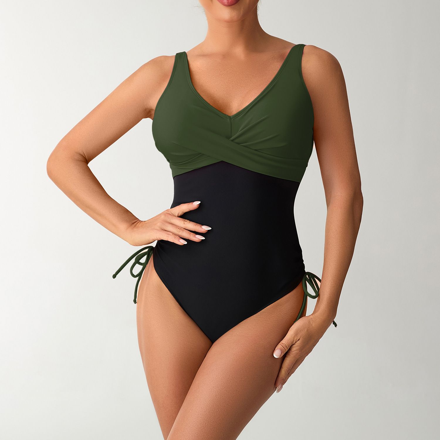 (image for) Women Color‑Block One‑Piece Swimsuit Cross V‑Neck Sleeveless Swimwear
