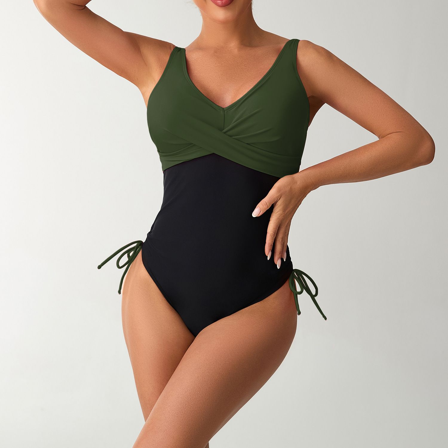 (image for) Women Color‑Block One‑Piece Swimsuit Cross V‑Neck Sleeveless Swimwear