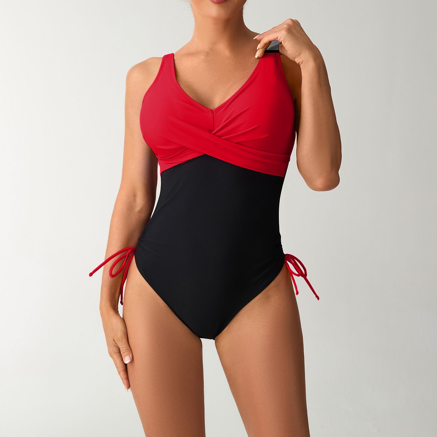 (image for) Women Color‑Block One‑Piece Swimsuit Cross V‑Neck Sleeveless Swimwear