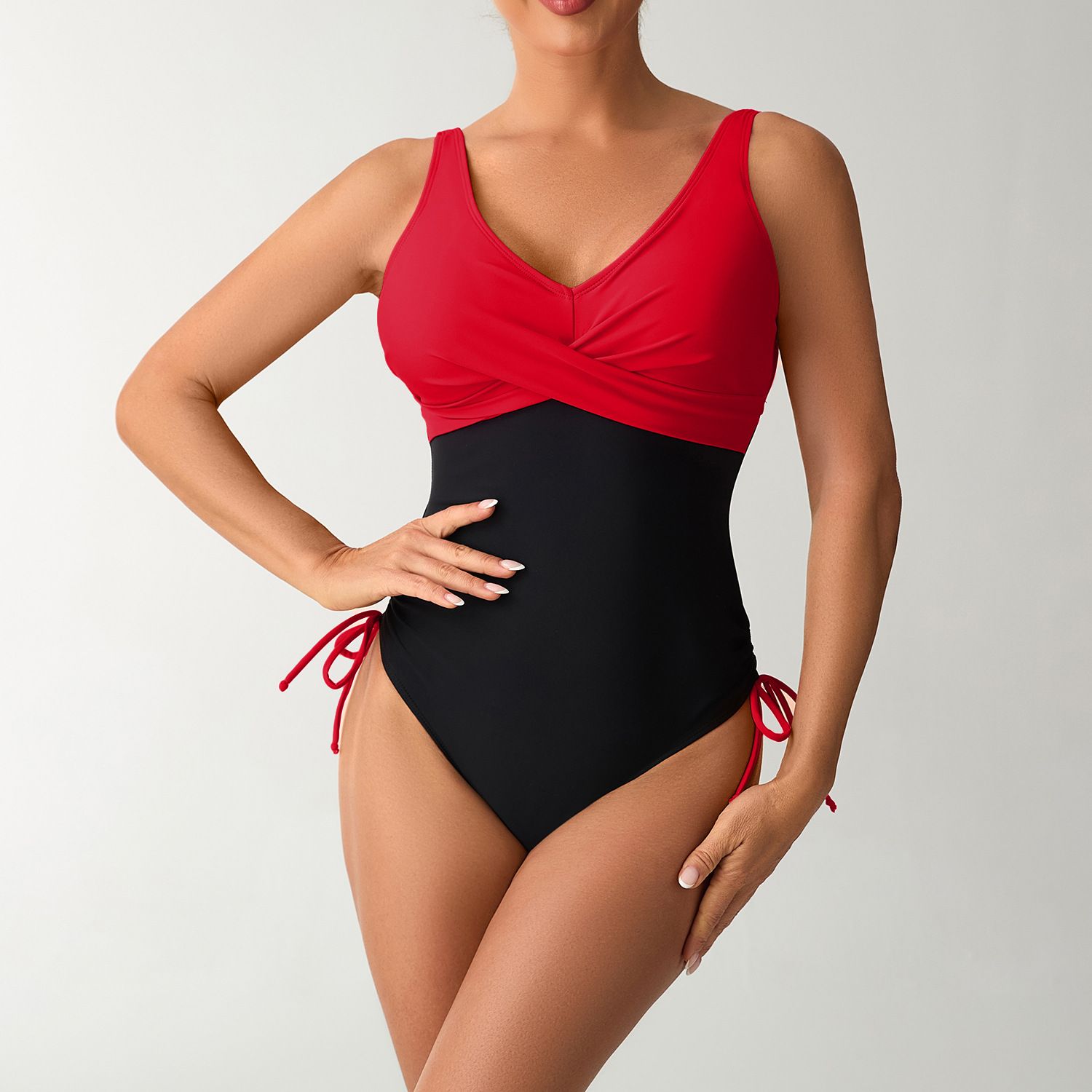 (image for) Women Color‑Block One‑Piece Swimsuit Cross V‑Neck Sleeveless Swimwear
