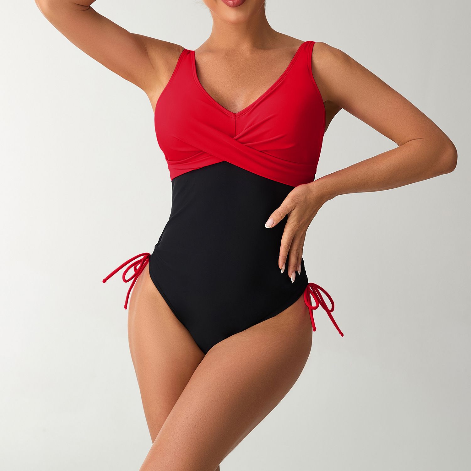 (image for) Women Color‑Block One‑Piece Swimsuit Cross V‑Neck Sleeveless Swimwear