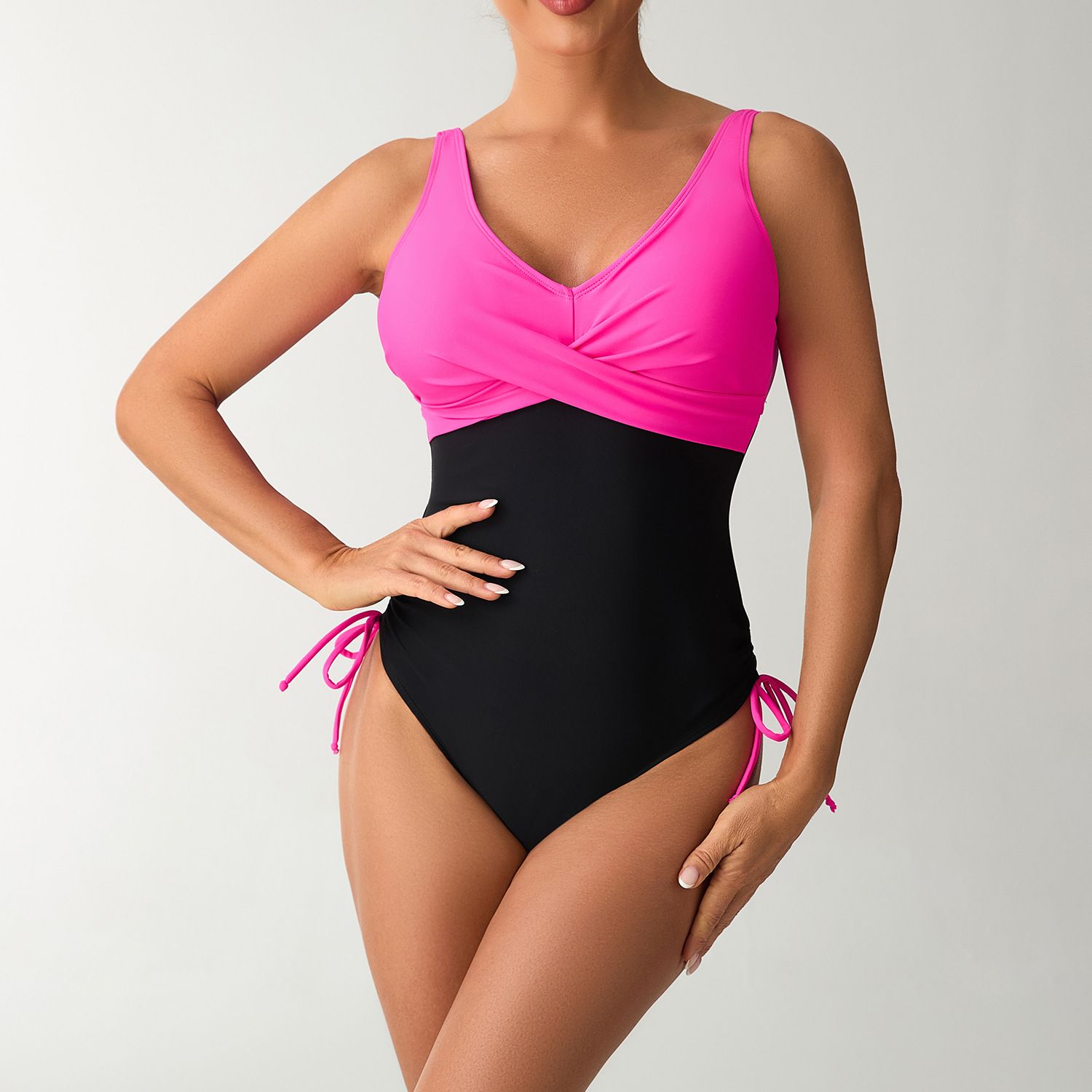 (image for) Women Color‑Block One‑Piece Swimsuit Cross V‑Neck Sleeveless Swimwear
