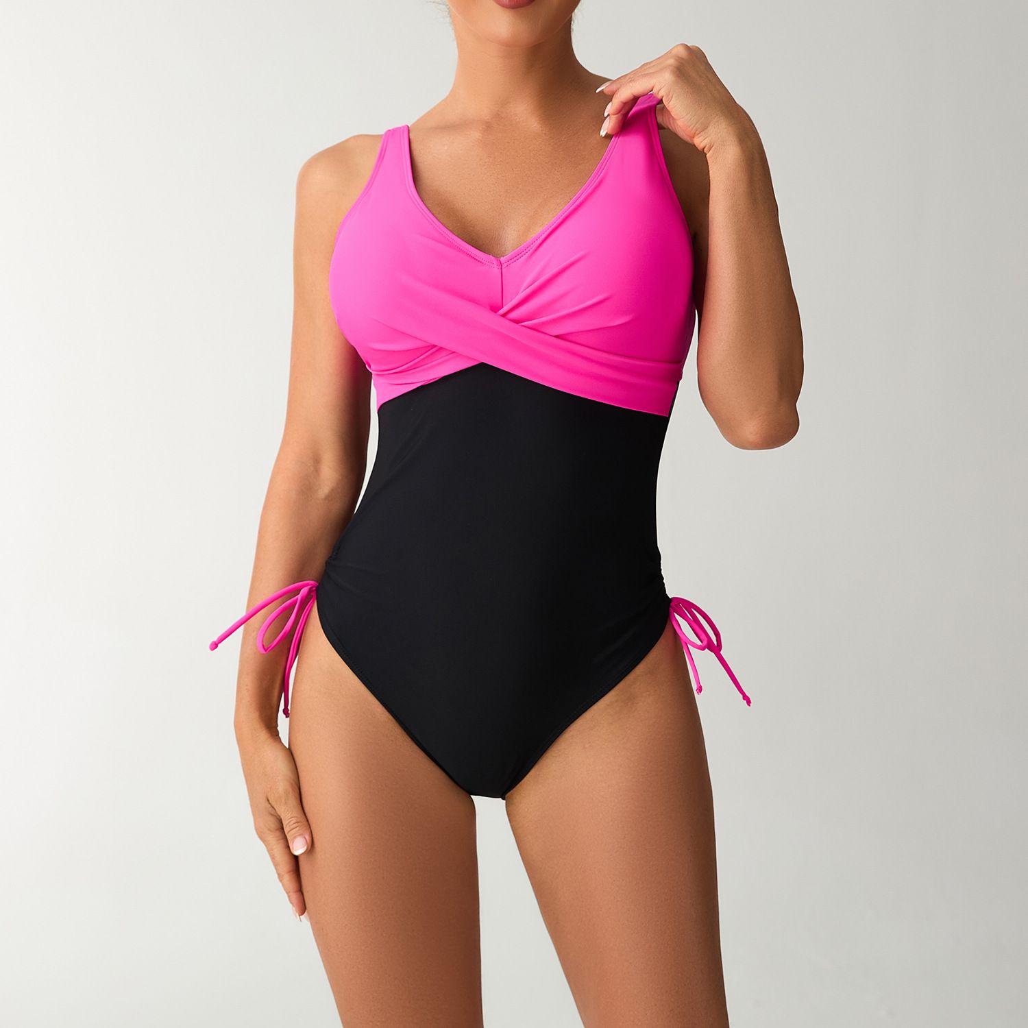 (image for) Women Color‑Block One‑Piece Swimsuit Cross V‑Neck Sleeveless Swimwear