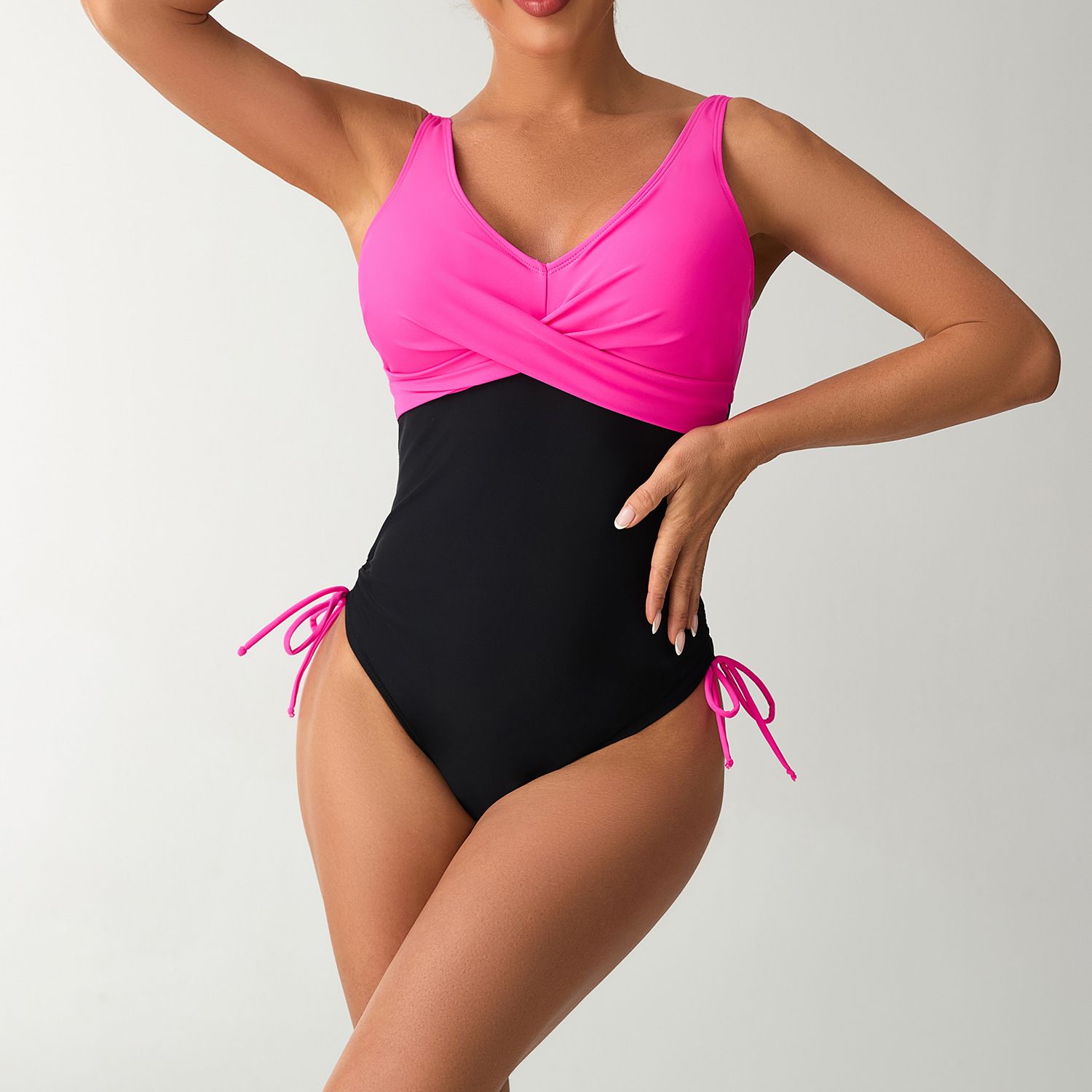 (image for) Women Color‑Block One‑Piece Swimsuit Cross V‑Neck Sleeveless Swimwear