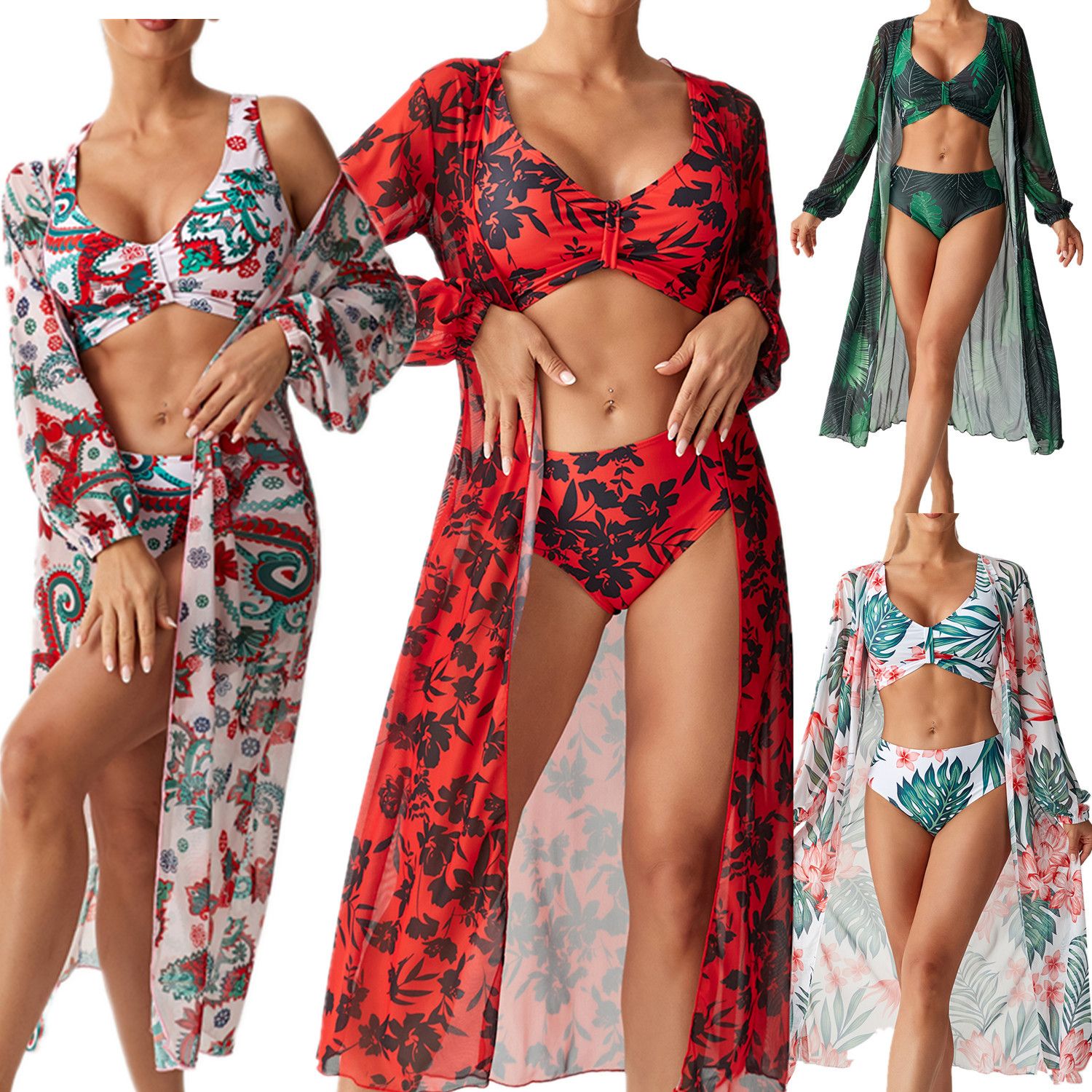 Women 3 Pieces Floral Bikini Set High Waist Swimsuit with Long Sleeve Maxi Cover Up