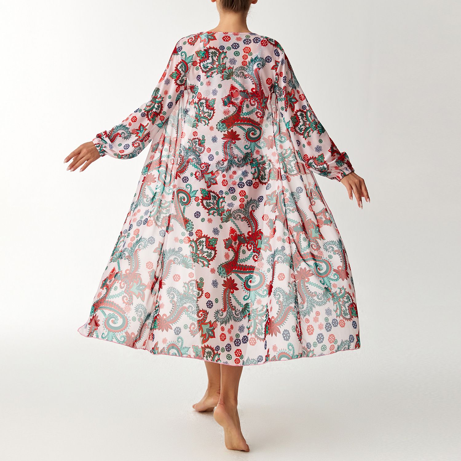 (image for) Women 3 Pieces Floral Bikini Set High Waist Swimsuit with Long Sleeve Maxi Cover Up