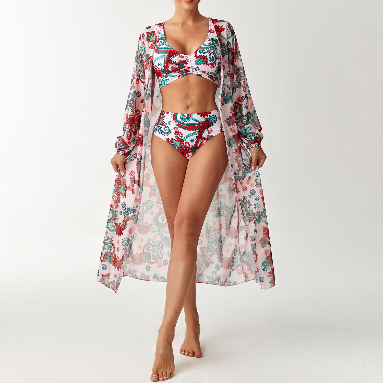 (image for) Women 3 Pieces Floral Bikini Set High Waist Swimsuit with Long Sleeve Maxi Cover Up