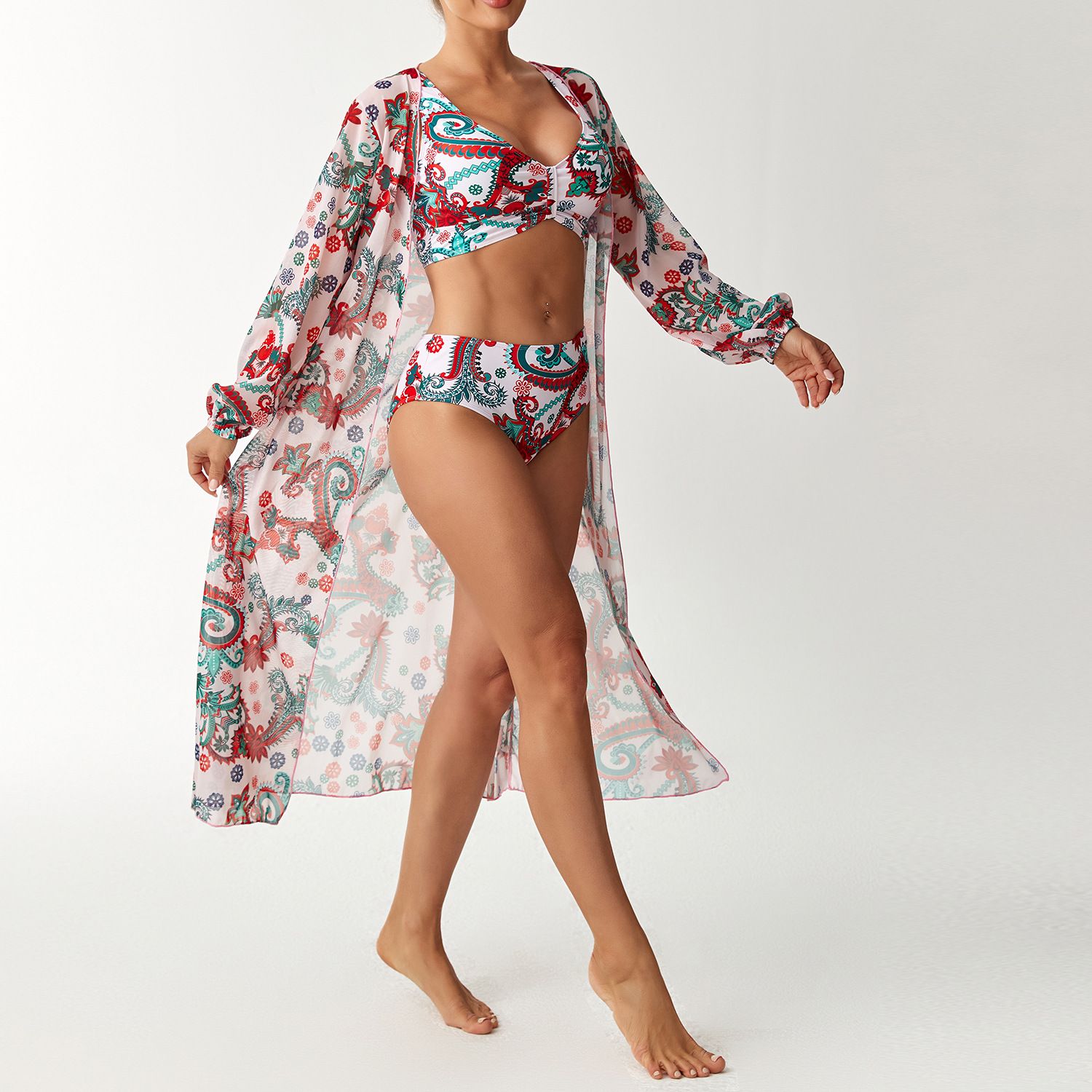 (image for) Women 3 Pieces Floral Bikini Set High Waist Swimsuit with Long Sleeve Maxi Cover Up