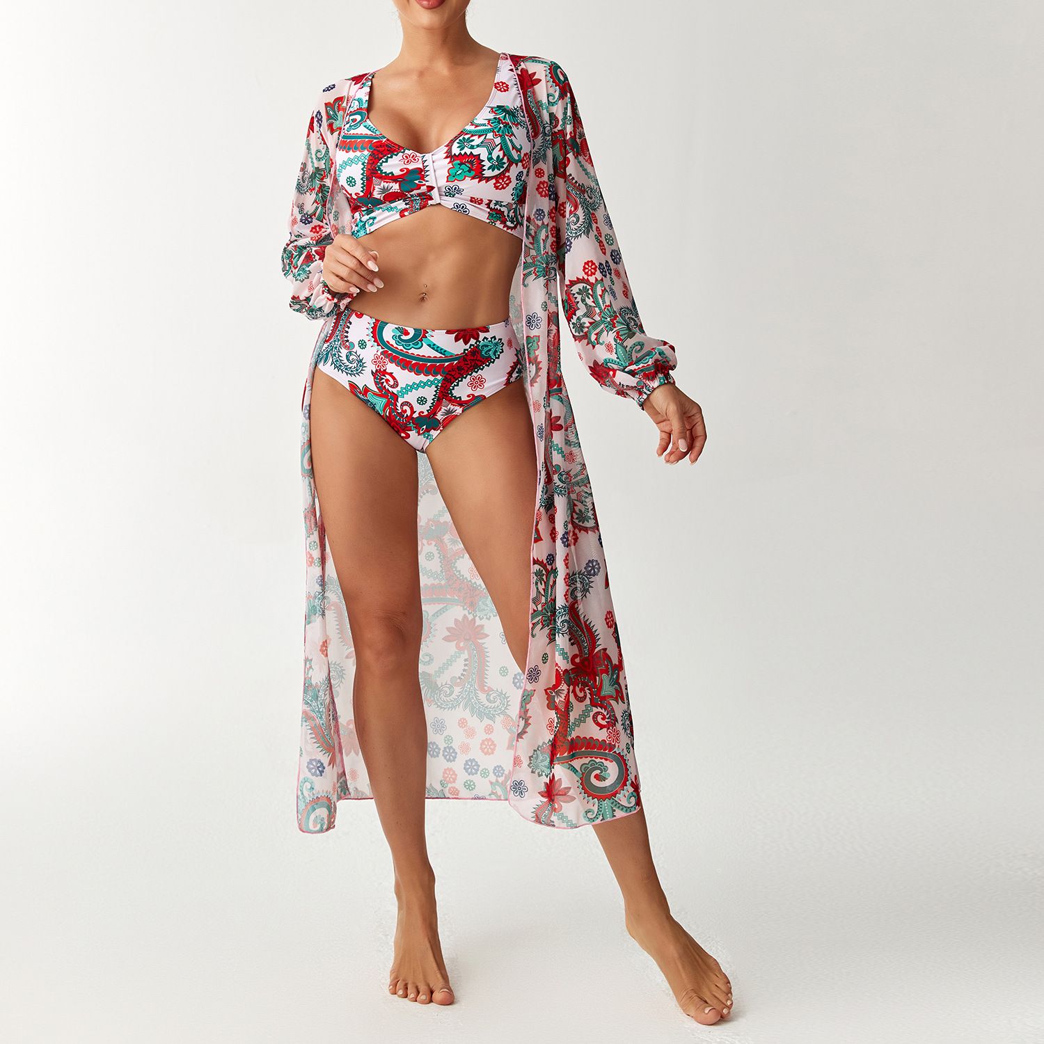 (image for) Women 3 Pieces Floral Bikini Set High Waist Swimsuit with Long Sleeve Maxi Cover Up