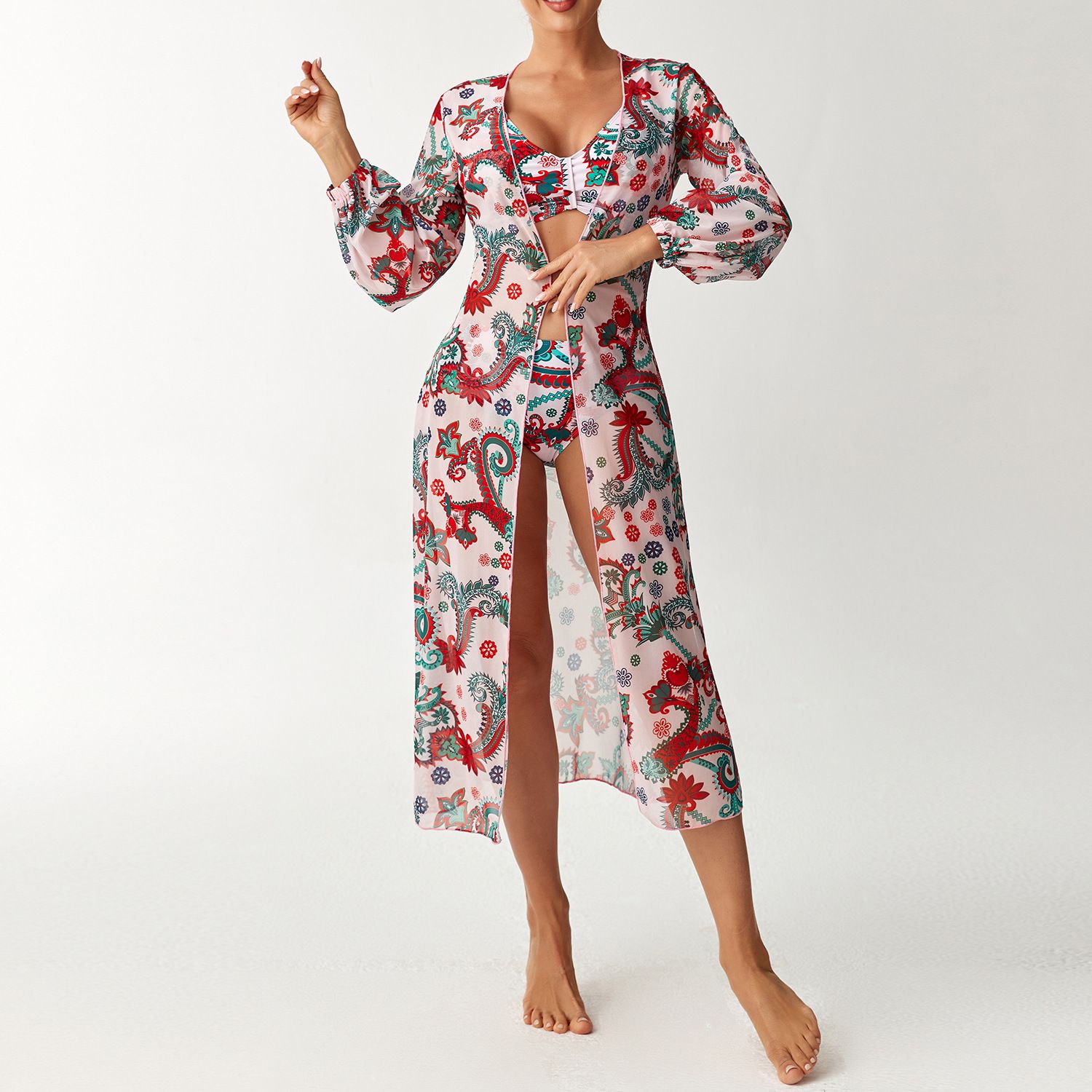 (image for) Women 3 Pieces Floral Bikini Set High Waist Swimsuit with Long Sleeve Maxi Cover Up