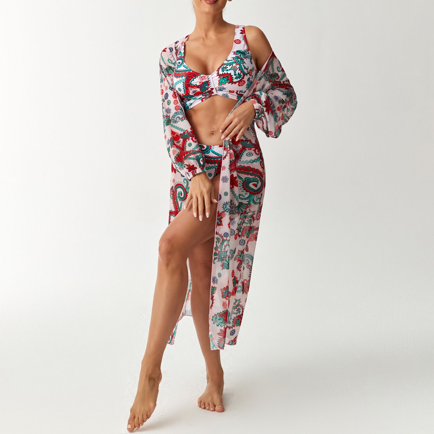 (image for) Women 3 Pieces Floral Bikini Set High Waist Swimsuit with Long Sleeve Maxi Cover Up