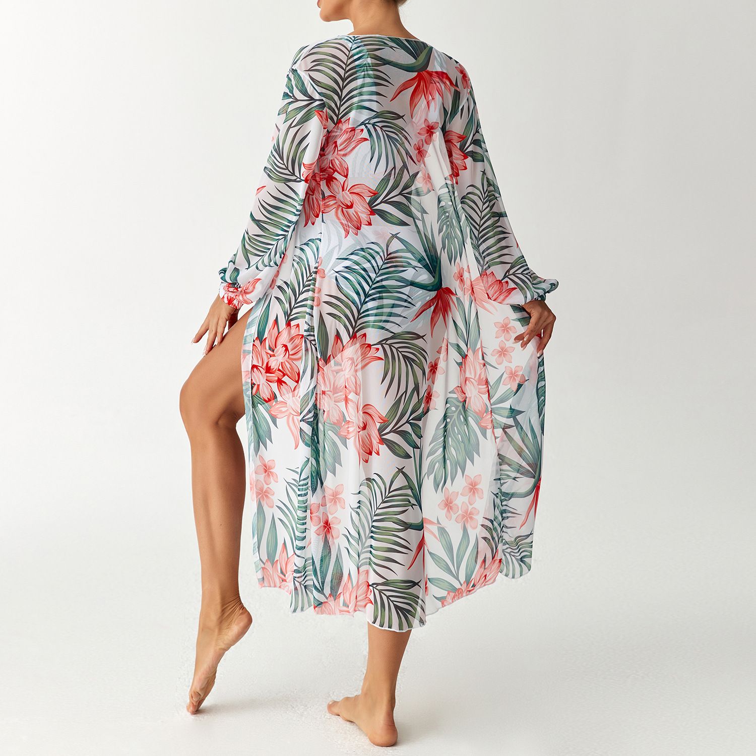 (image for) Women 3 Pieces Floral Bikini Set High Waist Swimsuit with Long Sleeve Maxi Cover Up
