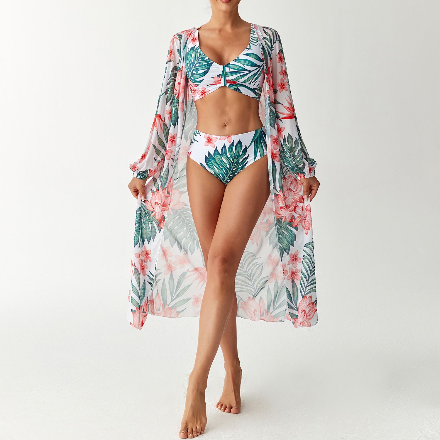 (image for) Women 3 Pieces Floral Bikini Set High Waist Swimsuit with Long Sleeve Maxi Cover Up