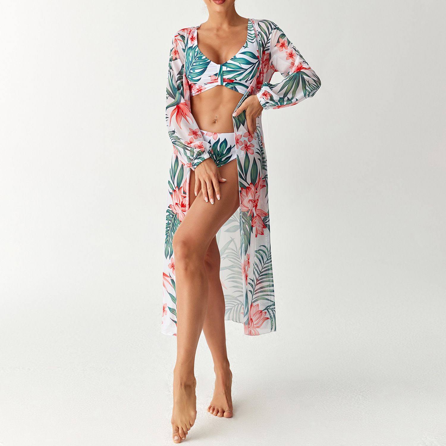 (image for) Women 3 Pieces Floral Bikini Set High Waist Swimsuit with Long Sleeve Maxi Cover Up