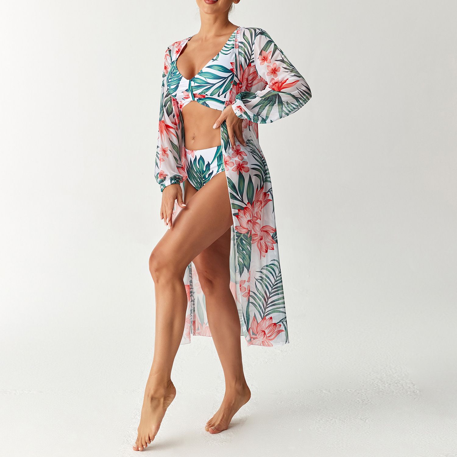 (image for) Women 3 Pieces Floral Bikini Set High Waist Swimsuit with Long Sleeve Maxi Cover Up