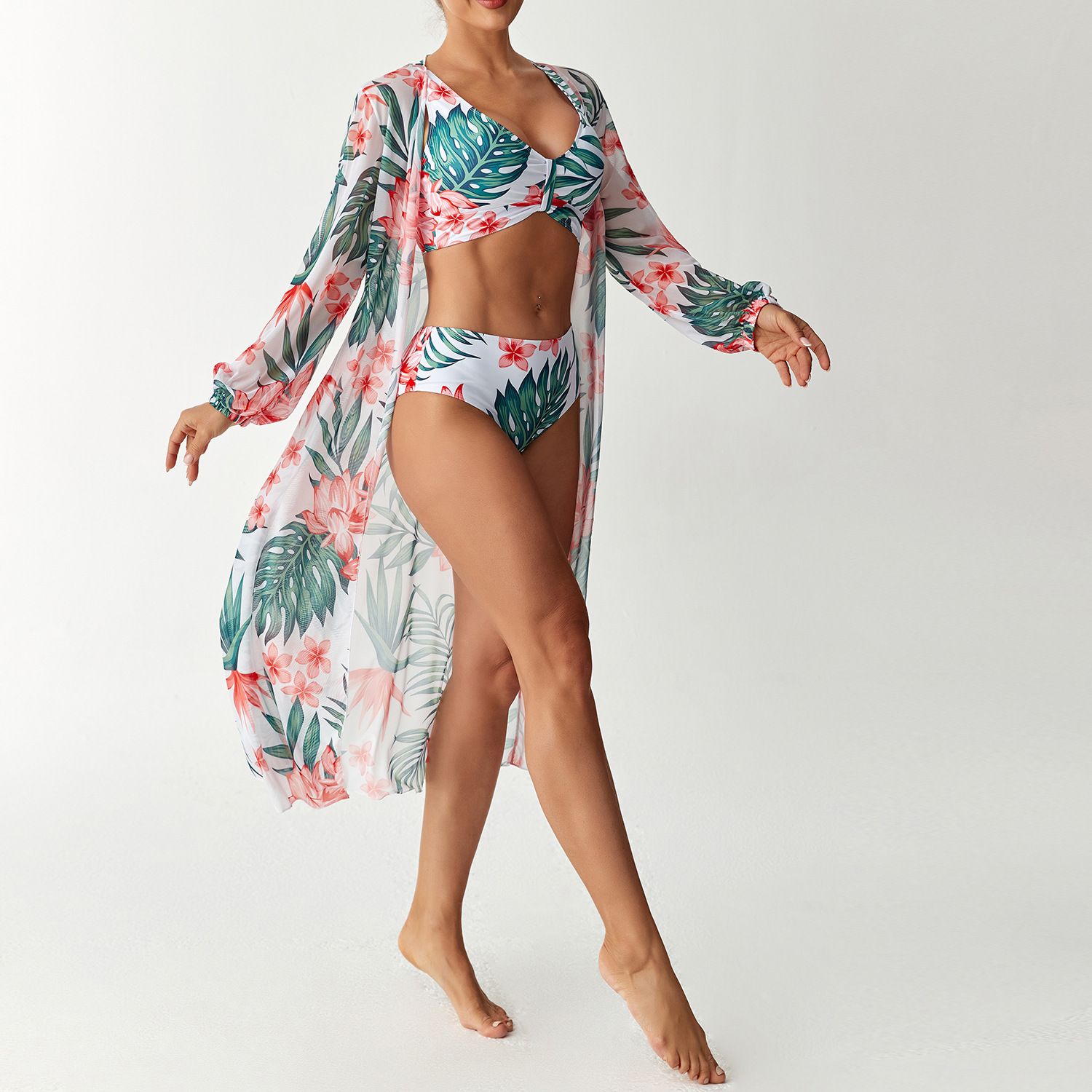(image for) Women 3 Pieces Floral Bikini Set High Waist Swimsuit with Long Sleeve Maxi Cover Up