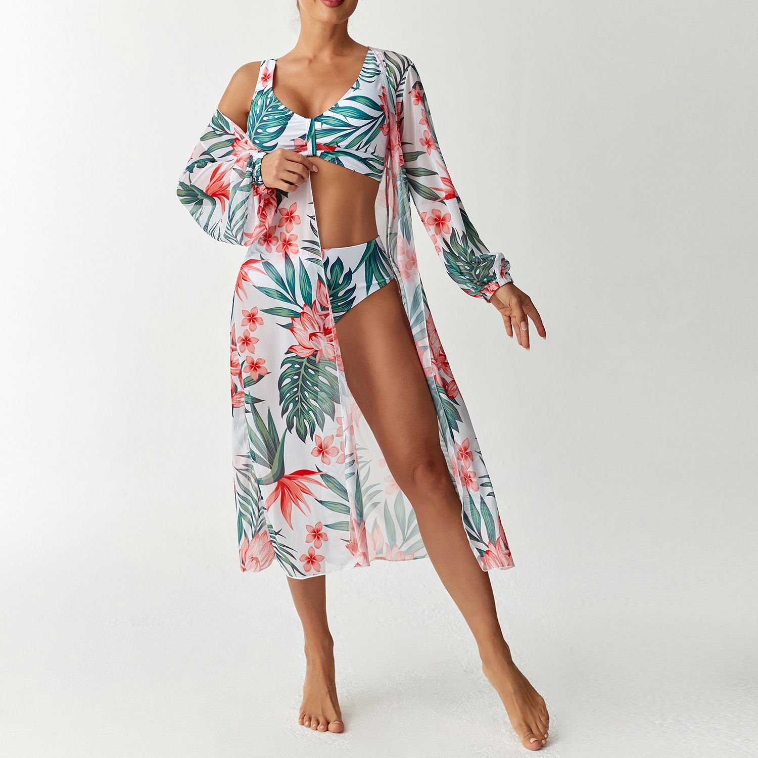 (image for) Women 3 Pieces Floral Bikini Set High Waist Swimsuit with Long Sleeve Maxi Cover Up