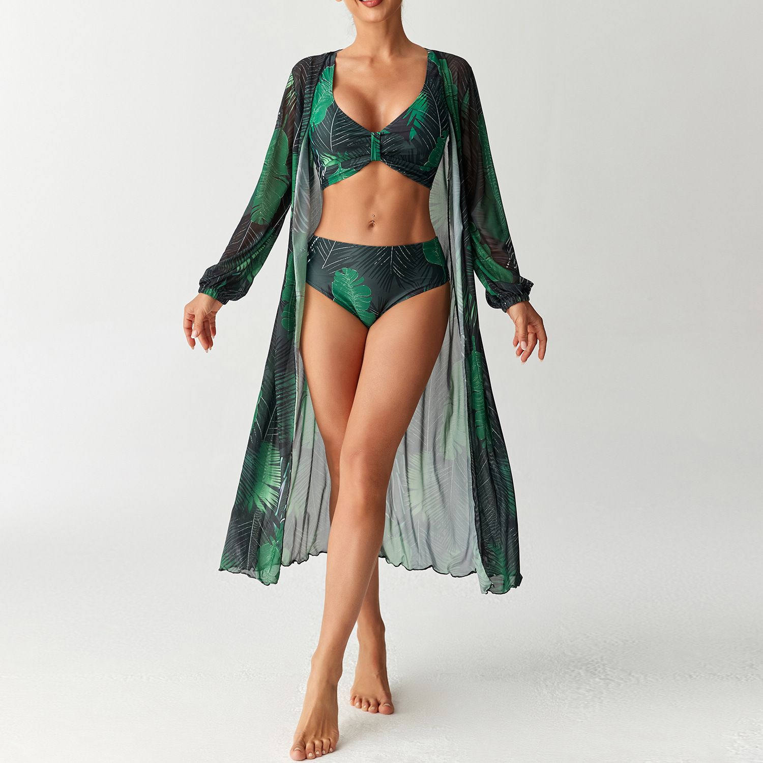 (image for) Women 3 Pieces Floral Bikini Set High Waist Swimsuit with Long Sleeve Maxi Cover Up