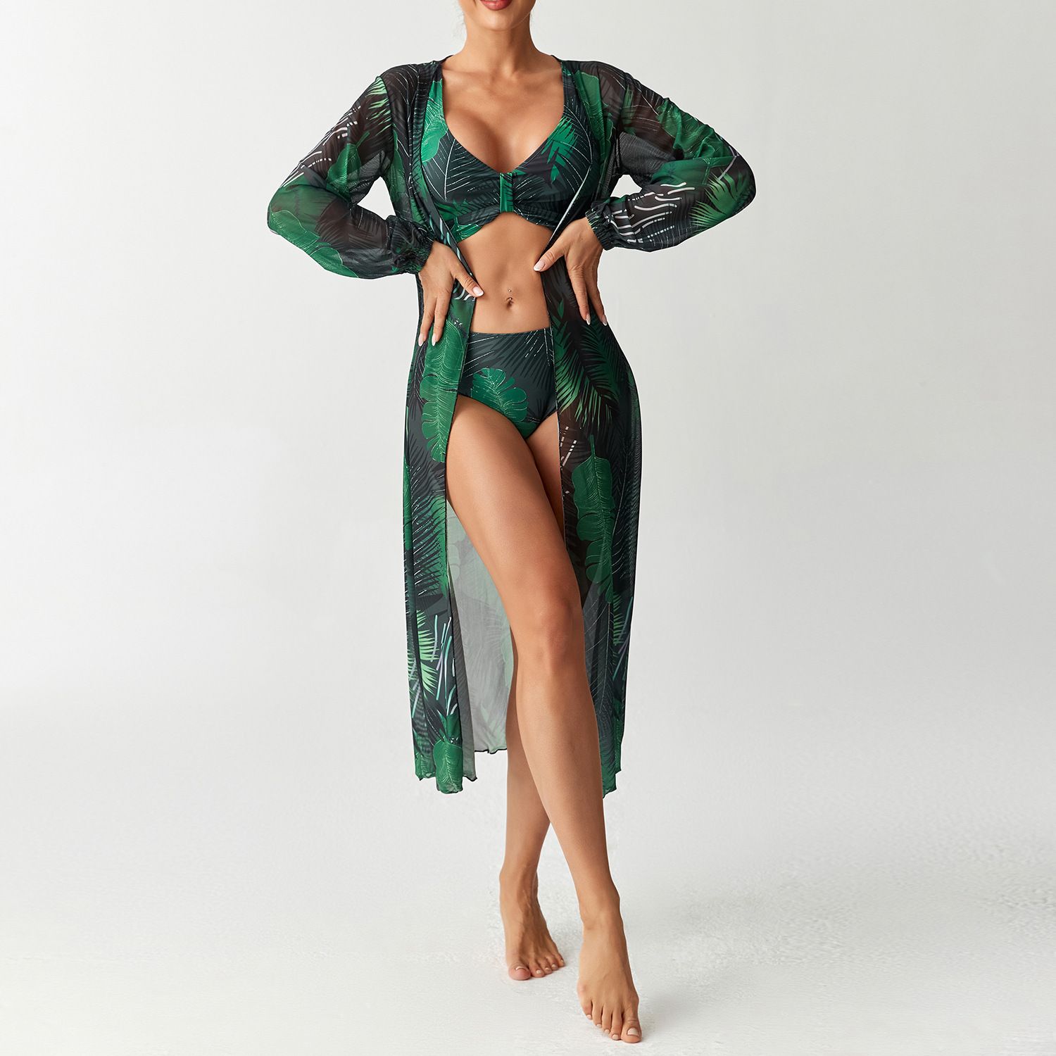 (image for) Women 3 Pieces Floral Bikini Set High Waist Swimsuit with Long Sleeve Maxi Cover Up