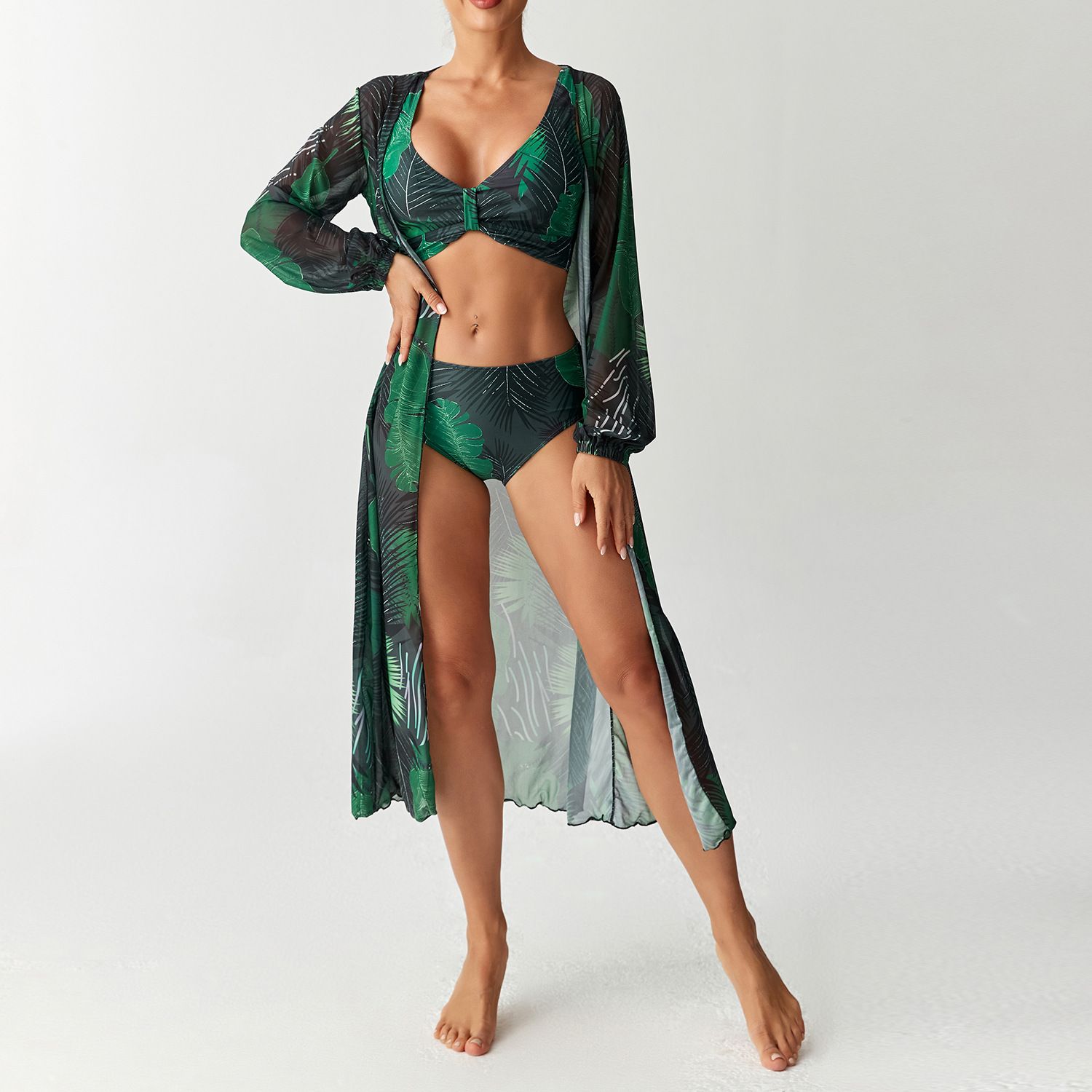 (image for) Women 3 Pieces Floral Bikini Set High Waist Swimsuit with Long Sleeve Maxi Cover Up