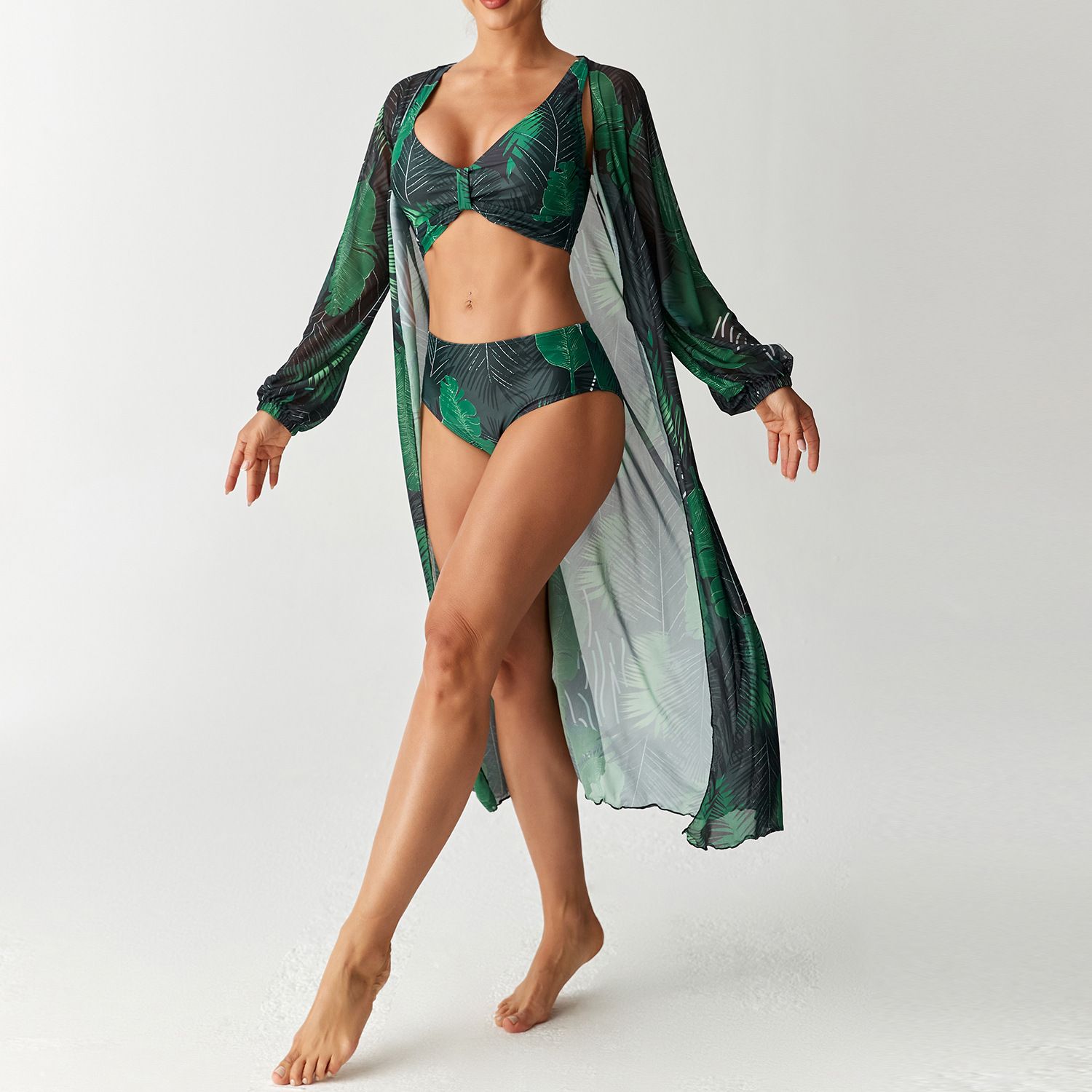 (image for) Women 3 Pieces Floral Bikini Set High Waist Swimsuit with Long Sleeve Maxi Cover Up