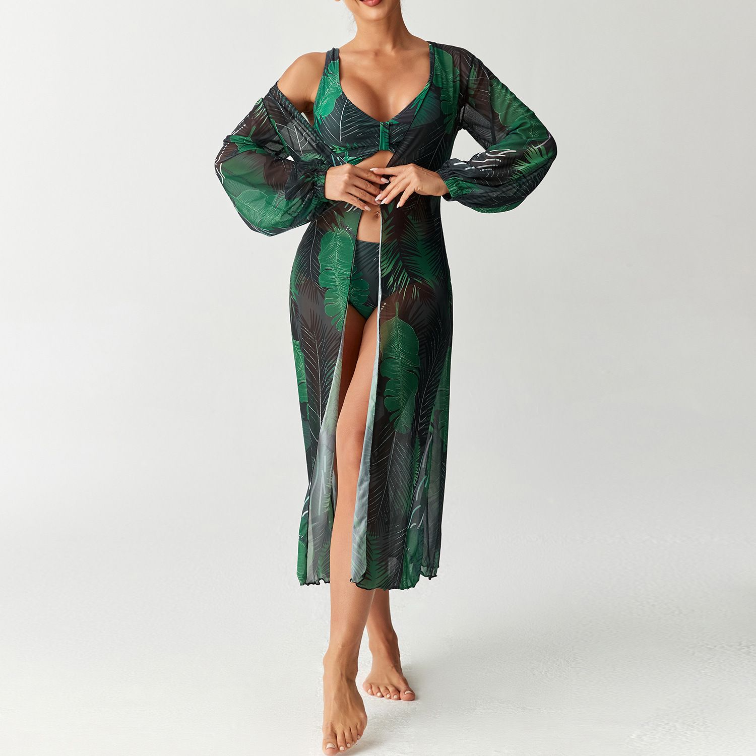 (image for) Women 3 Pieces Floral Bikini Set High Waist Swimsuit with Long Sleeve Maxi Cover Up