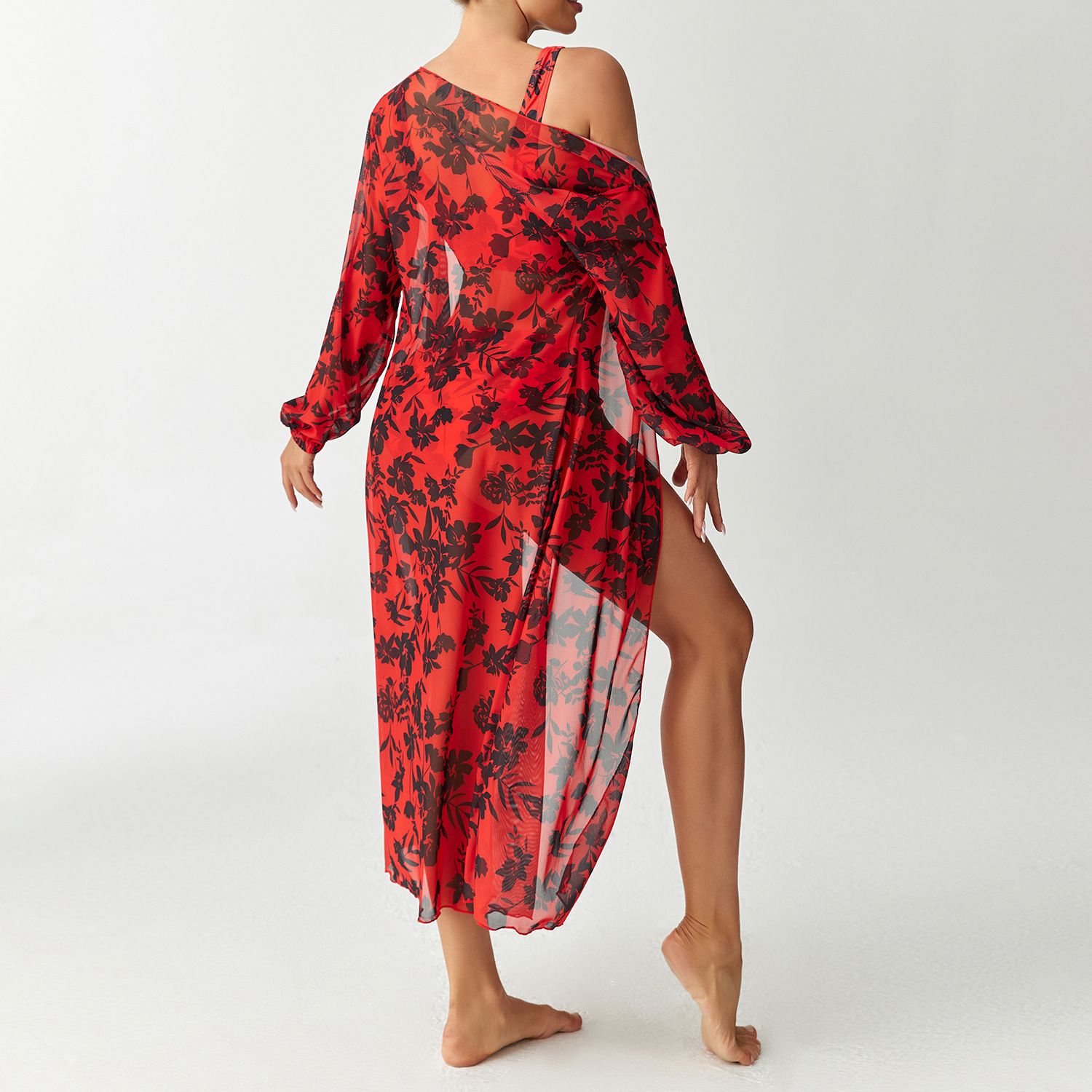 (image for) Women 3 Pieces Floral Bikini Set High Waist Swimsuit with Long Sleeve Maxi Cover Up