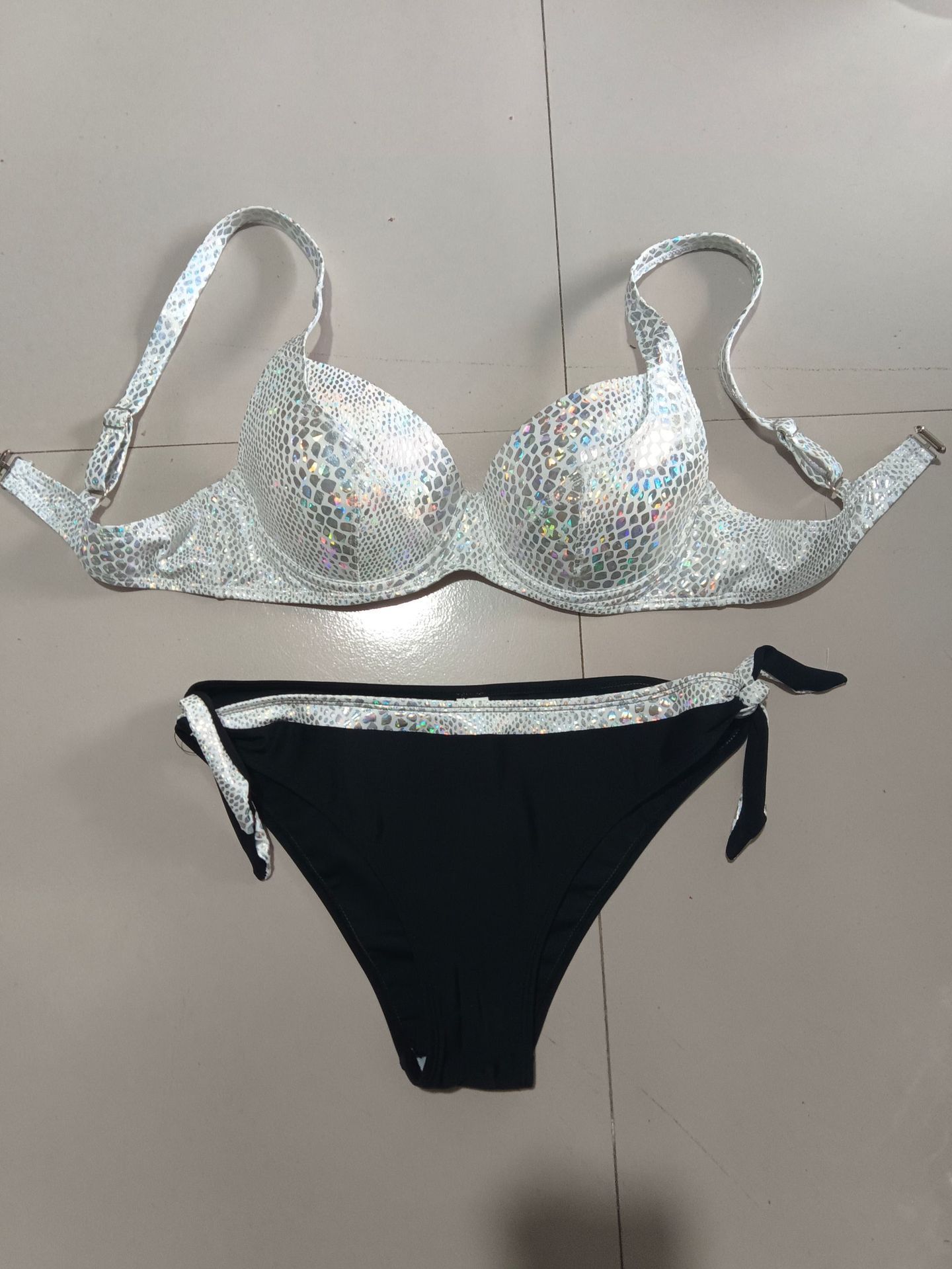 (image for) Women Silver Metallic Snake Print Underwire Bikini Set, Side Tie Two Piece Sexy Beach Swimsuit
