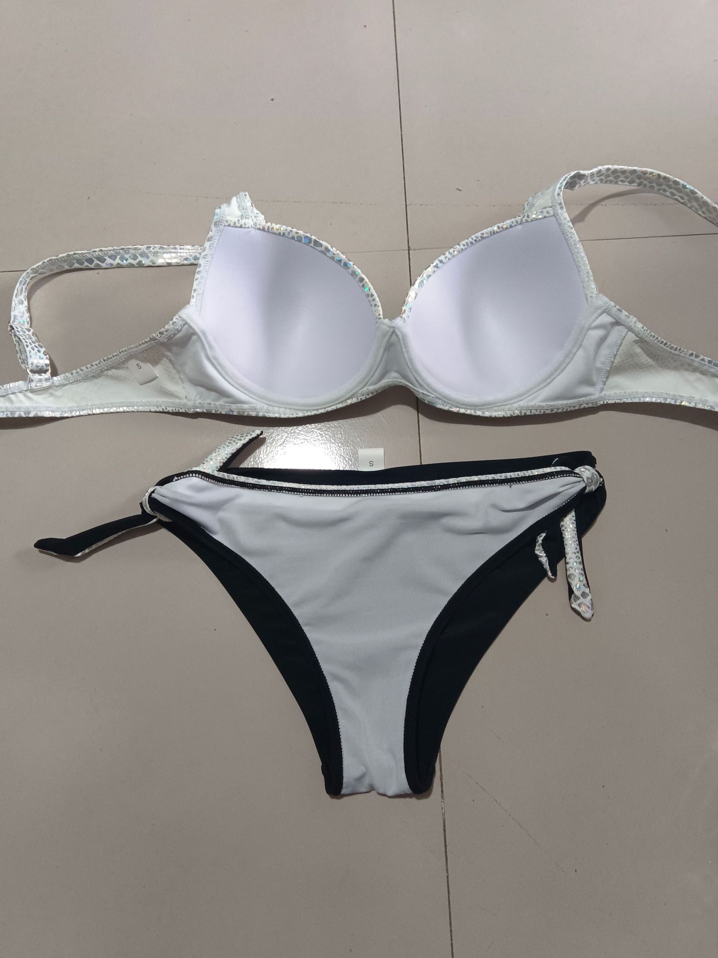 (image for) Women Silver Metallic Snake Print Underwire Bikini Set, Side Tie Two Piece Sexy Beach Swimsuit