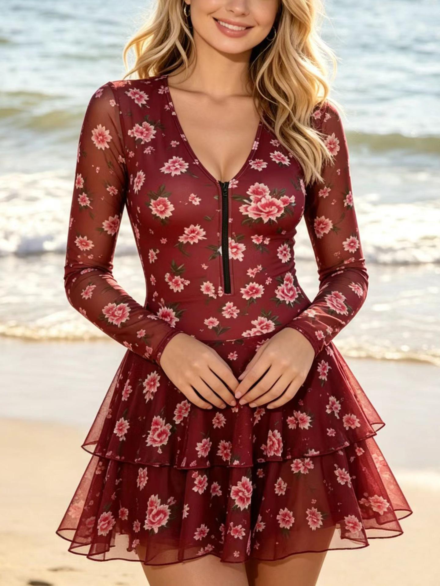 (image for) Women Long Sleeve Mesh Floral Print Half Zip V Neck Double Ruffle Skirted One Piece Swimsuit Sun Protection Surfing Swim Dress